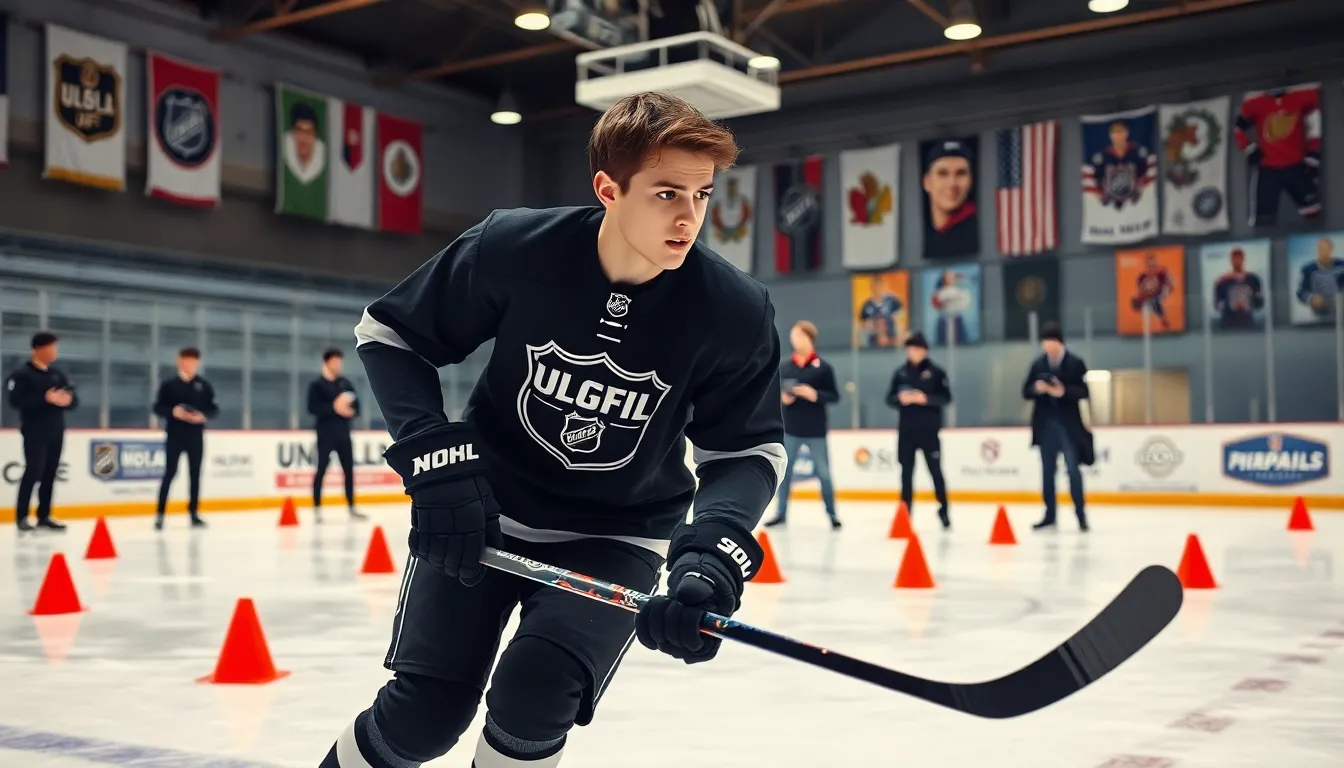 Young hockey player practicing with a focus on analytics in a vibrant rink.