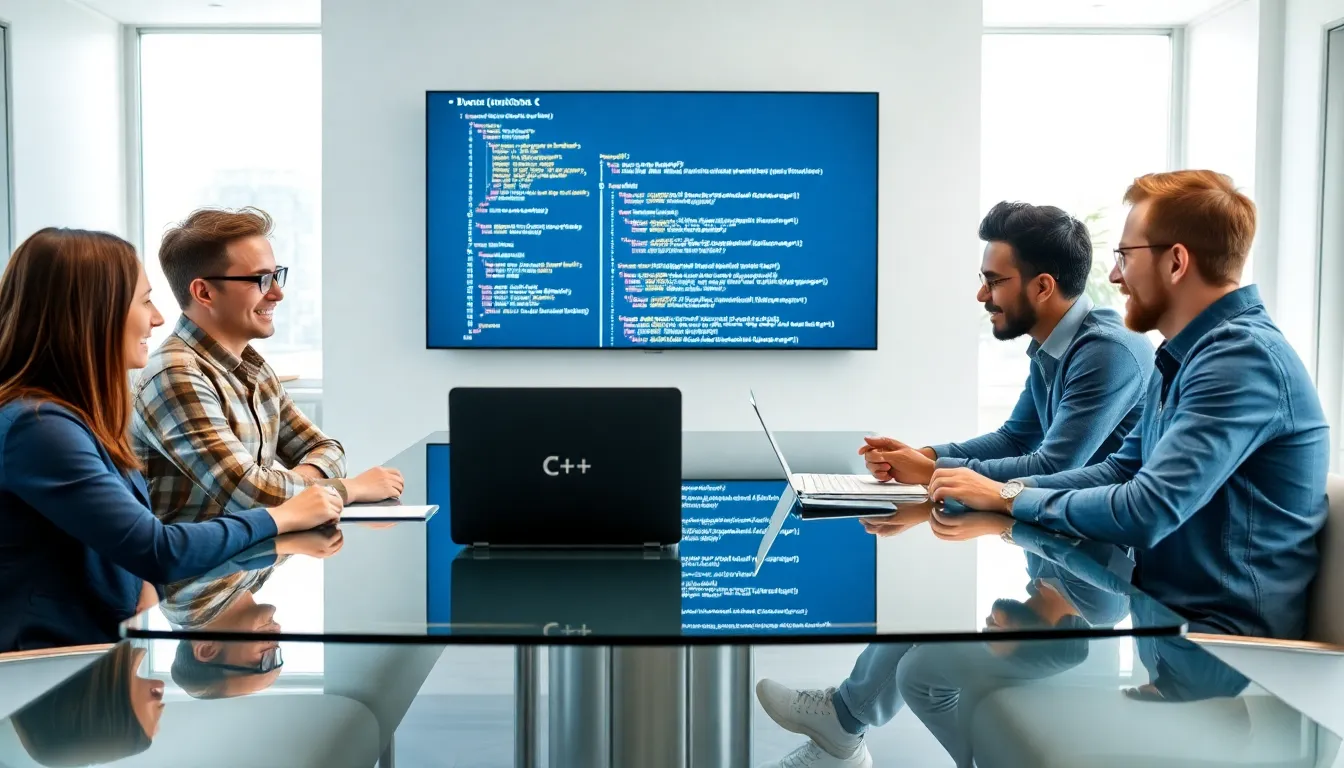 diverse developers collaborating over C++ functions in a modern office.