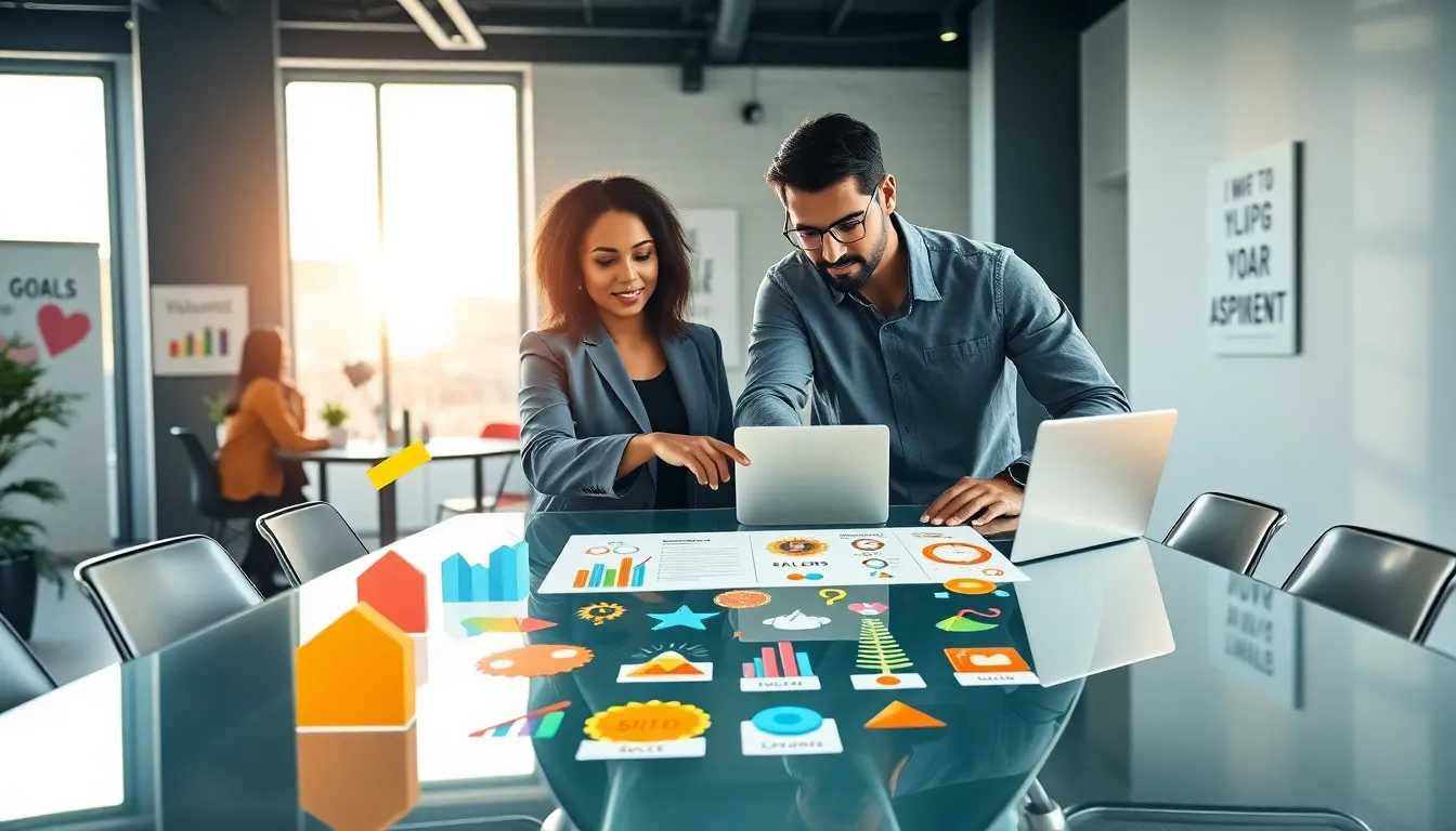 diverse team setting goals in a modern office with visual aids.
