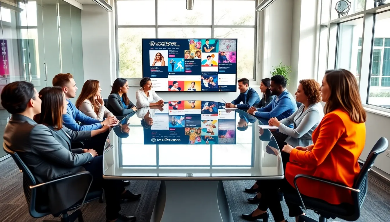 diverse group discussing at a modern office table.