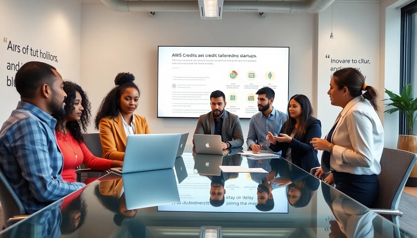 diverse team discussing AWS credits for startups in a modern office.