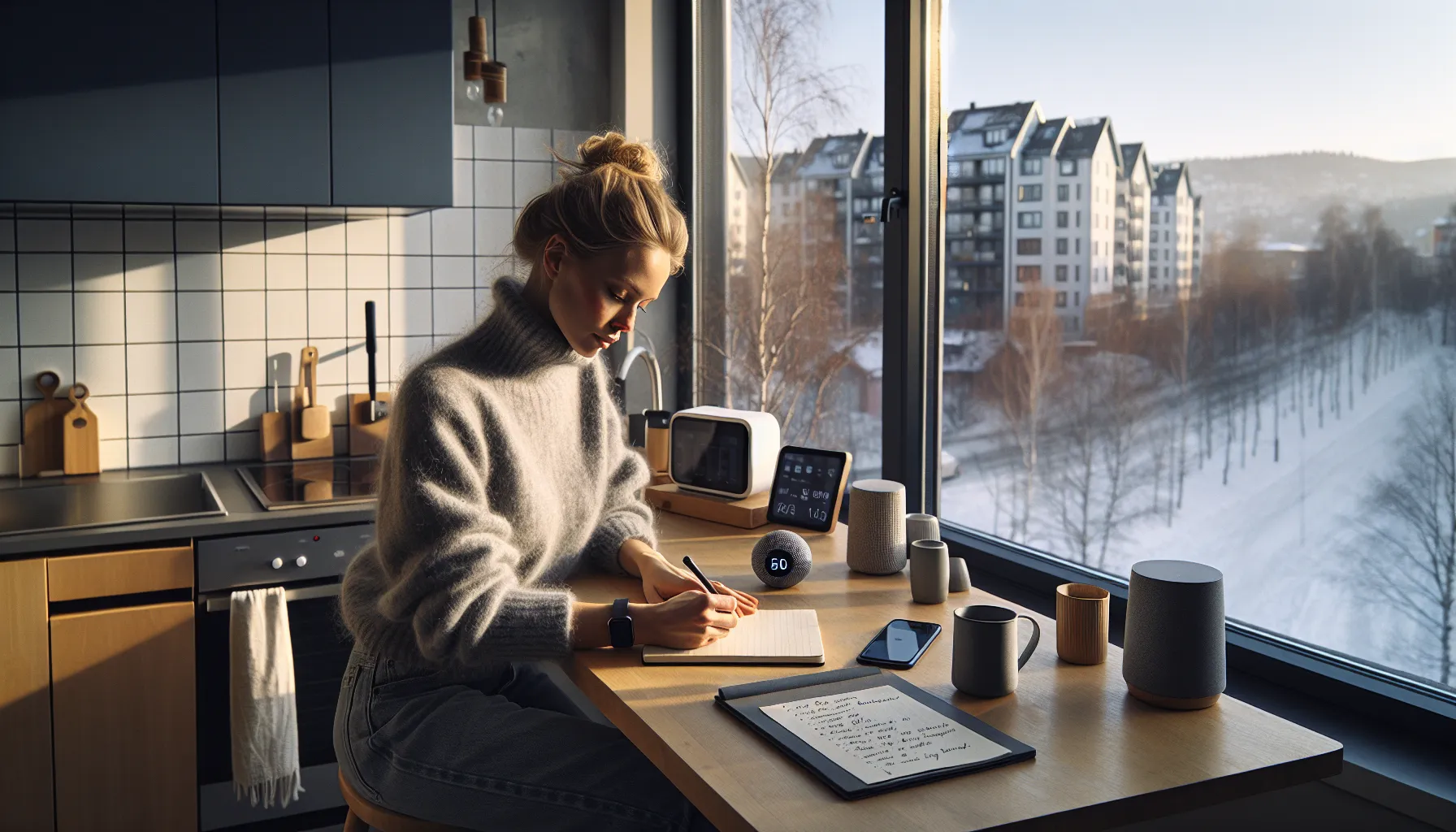 Hvordan bruke teknologi for å forbedre hverdagen din 2 Norwegian woman planning her daily tech use on paper at a kitchen table.