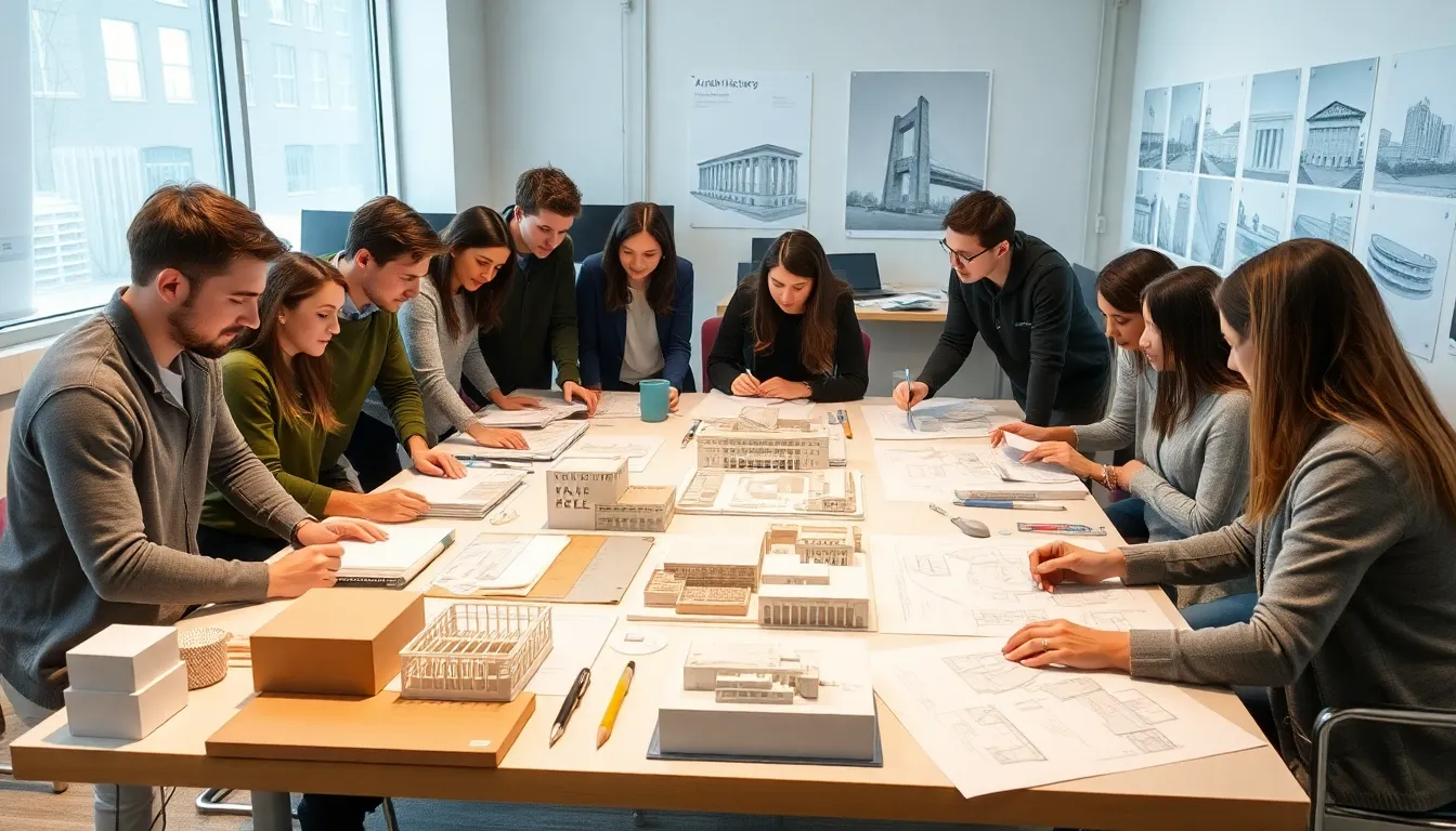 diverse students collaborating in a modern architecture classroom.