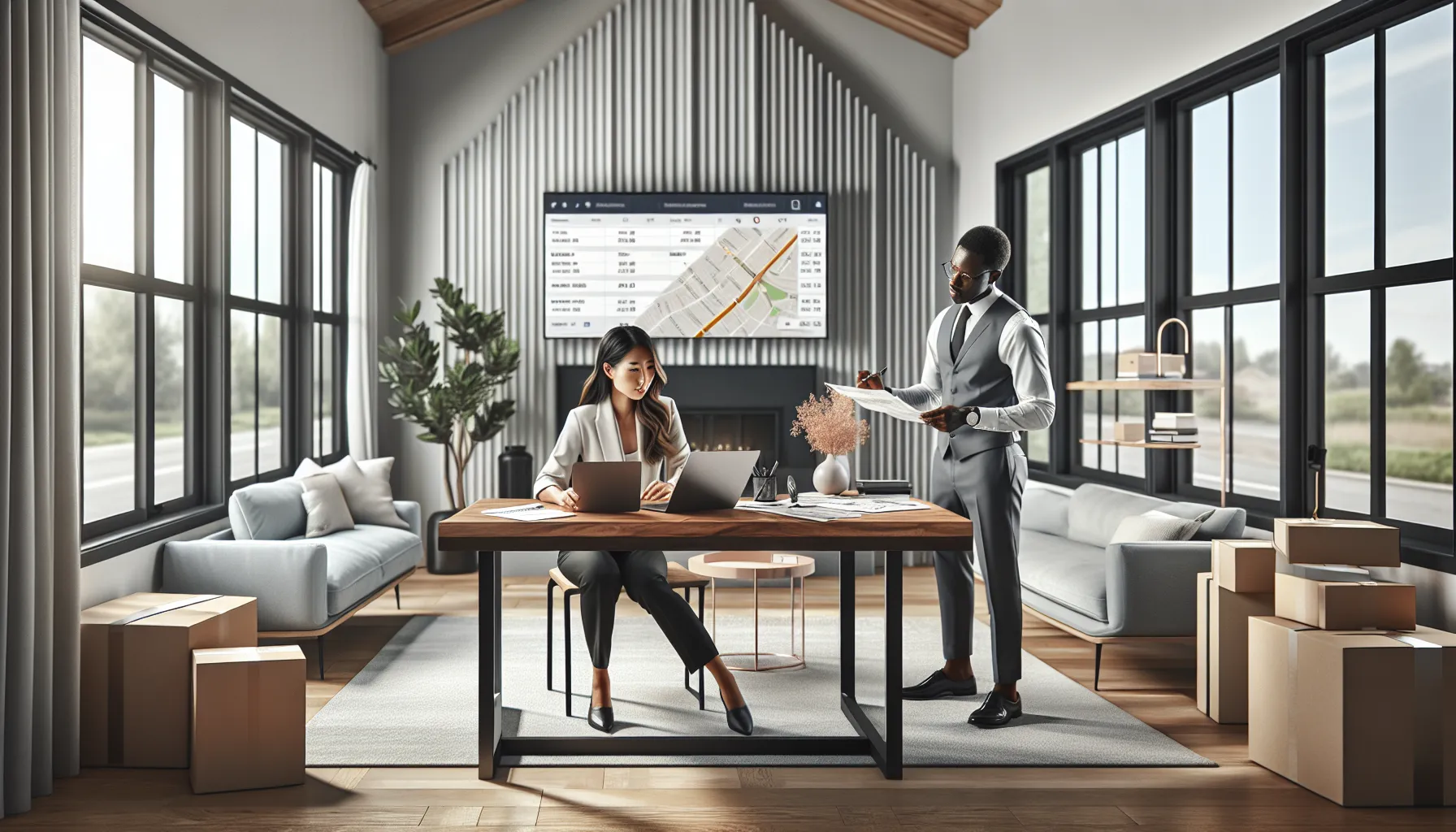 team discussing shipping logistics in a modern office.