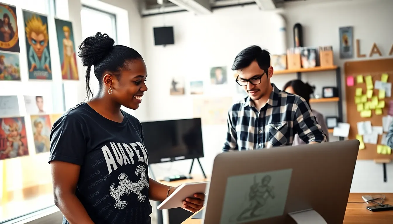 A diverse team collaborating in a bright game development studio.