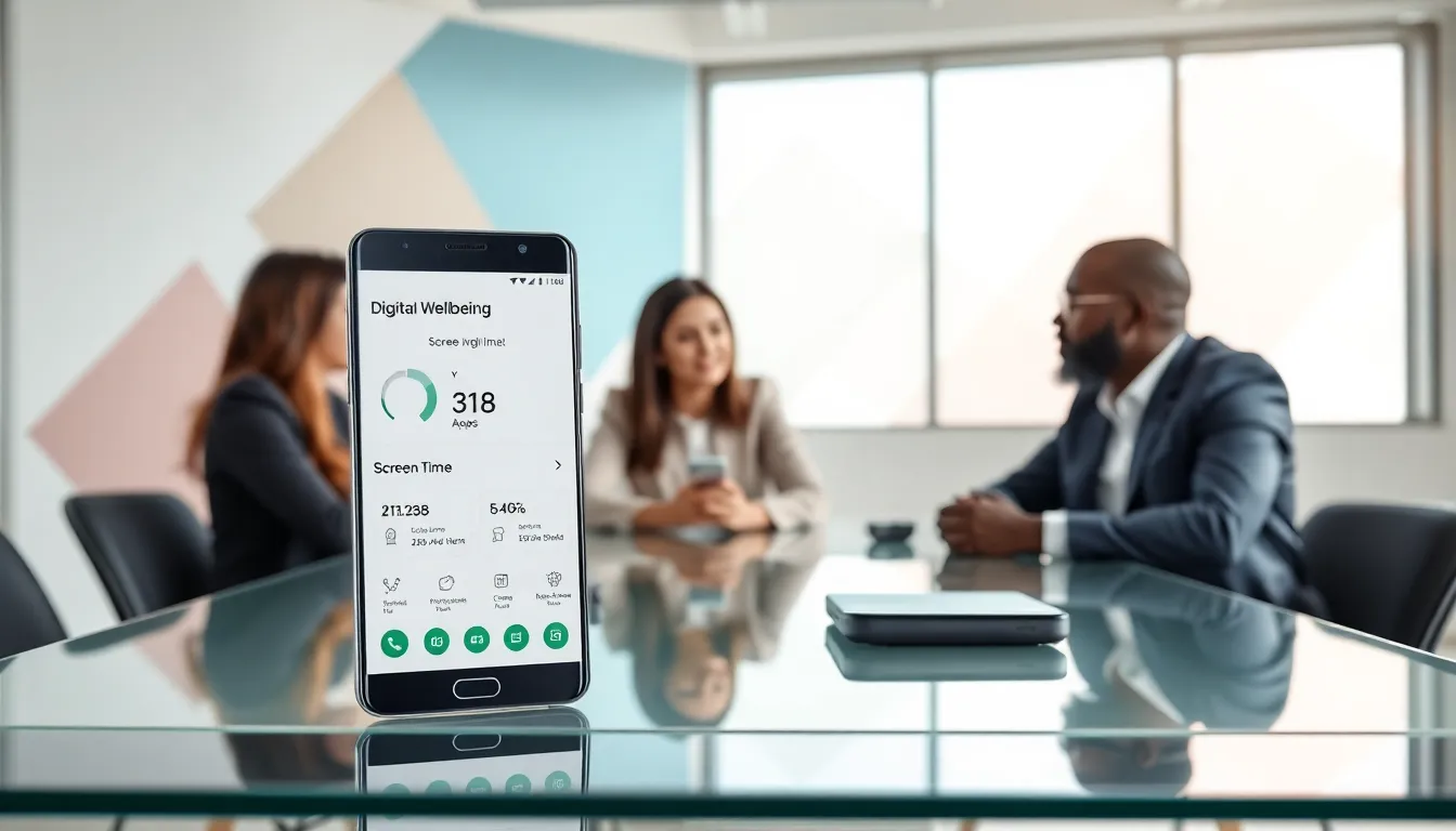 Samsung phone displaying screen time features with diverse professionals discussing.