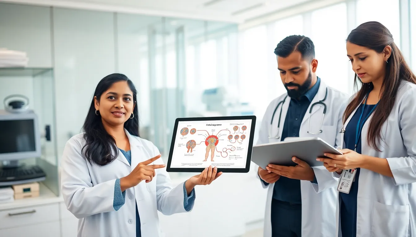medical team discussing fibrinogen levels in a modern lab setting.