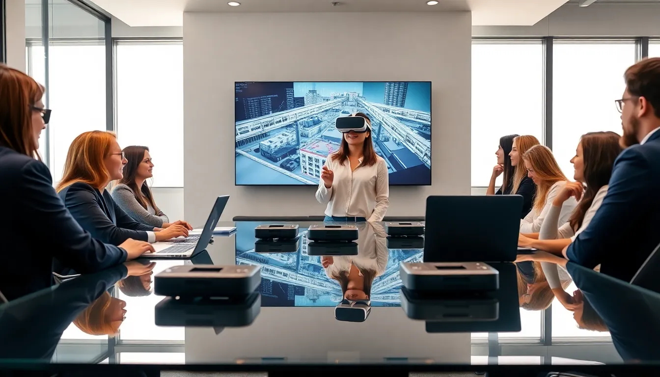 team collaborating on virtual reality app development in a modern office.
