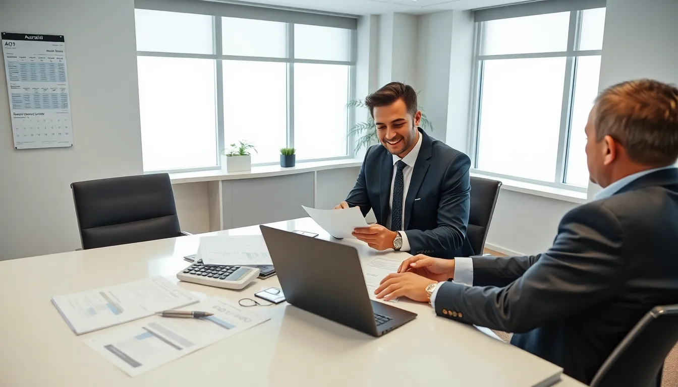 Accountant advising business owner with tax documents in a modern Australian office.