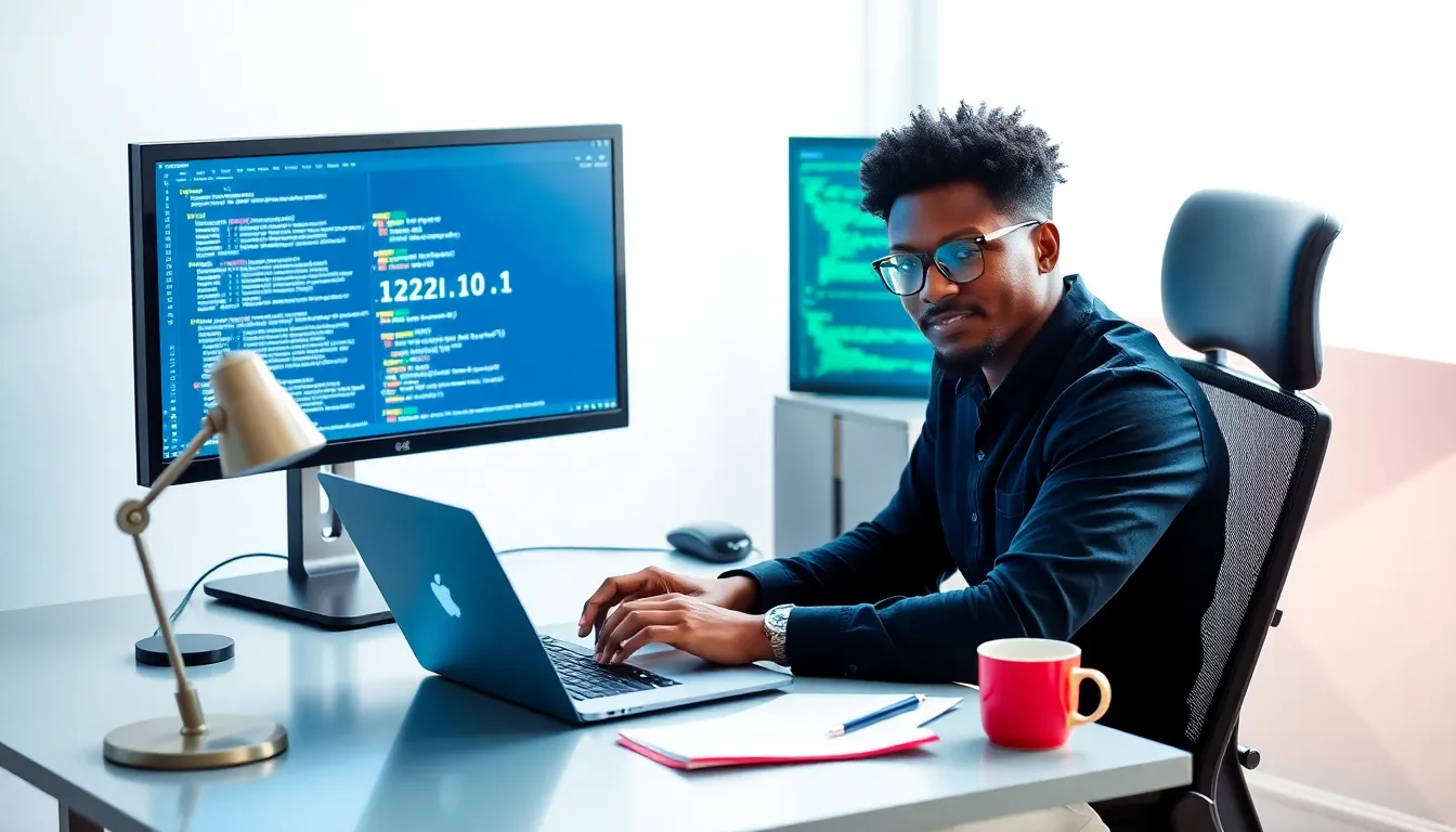developer working on localhost in a modern office setting.