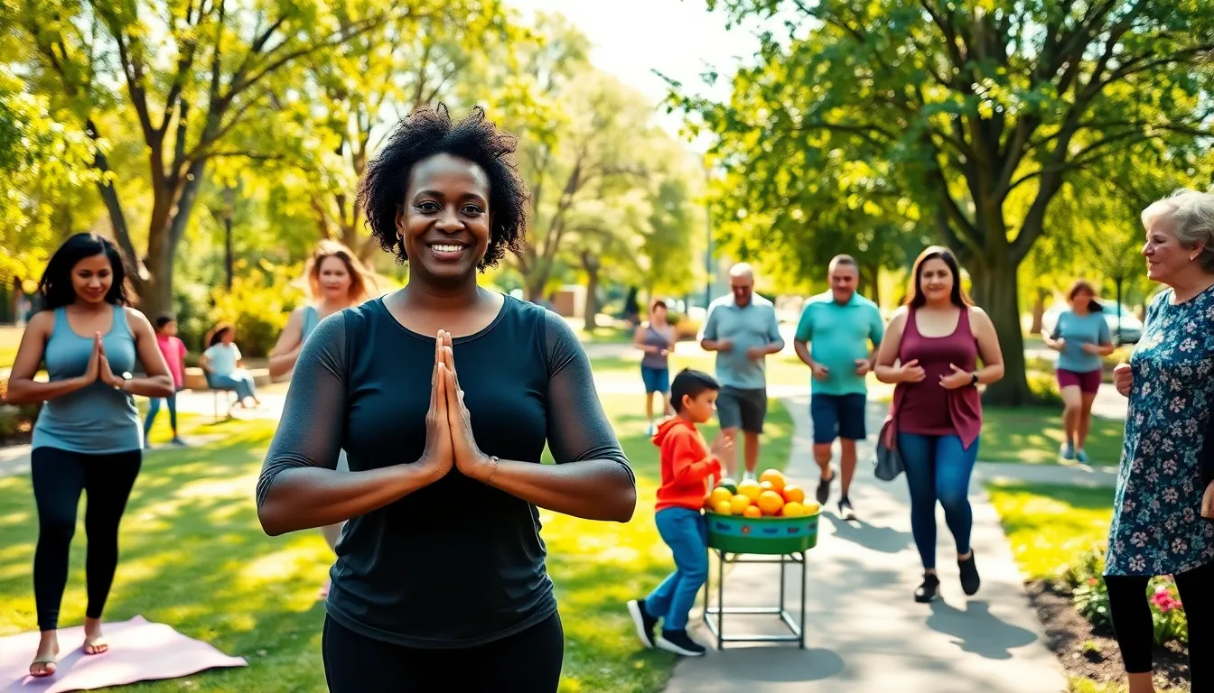 diverse community members participating in wellness activities in a sunny park.