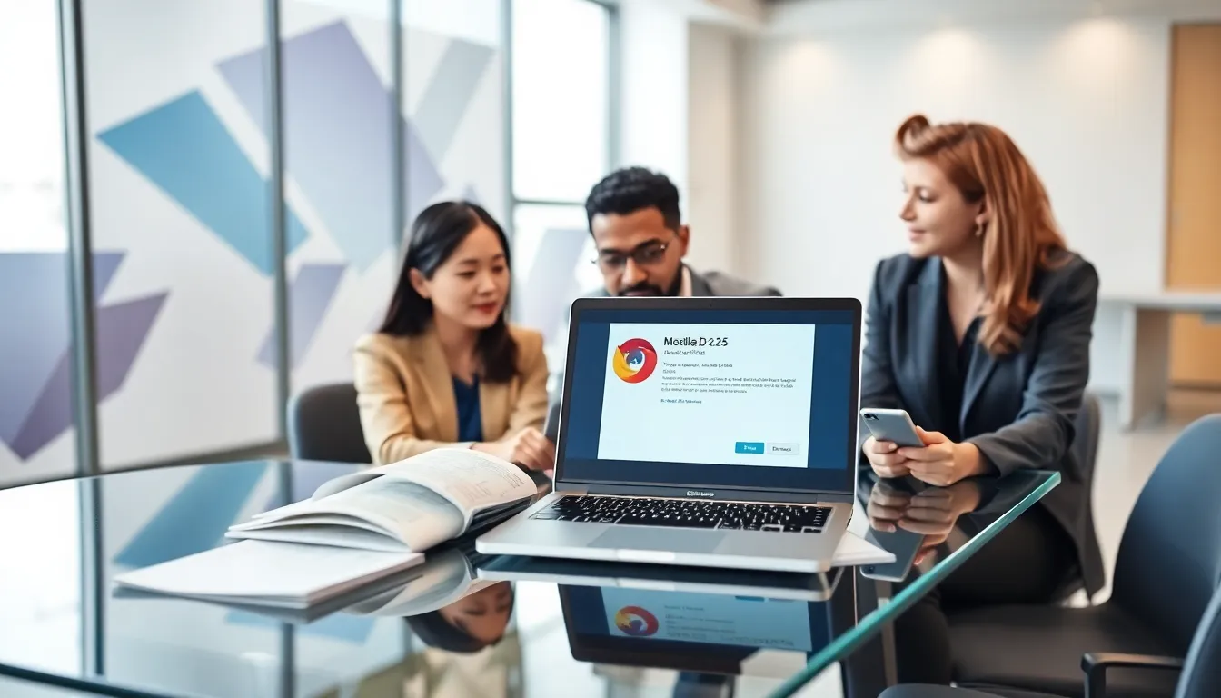 professionals discussing Mozilla D5.2f5 installation in a modern office.