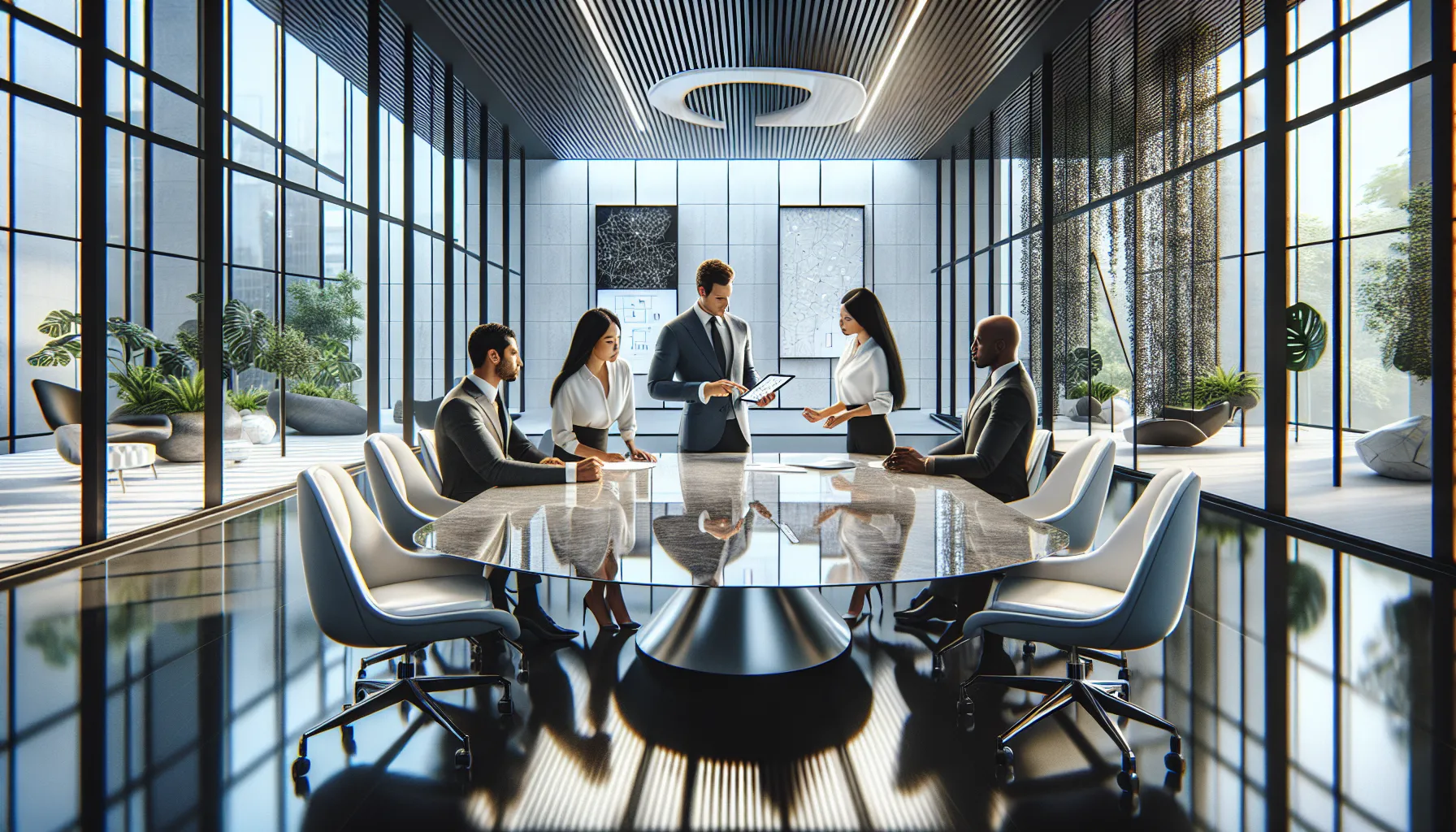professionals collaborating on grayoffsetback design in a modern office.