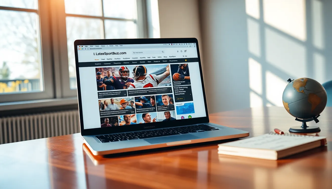 a laptop displaying the LatestSportsBuzz.com archive on a desk.