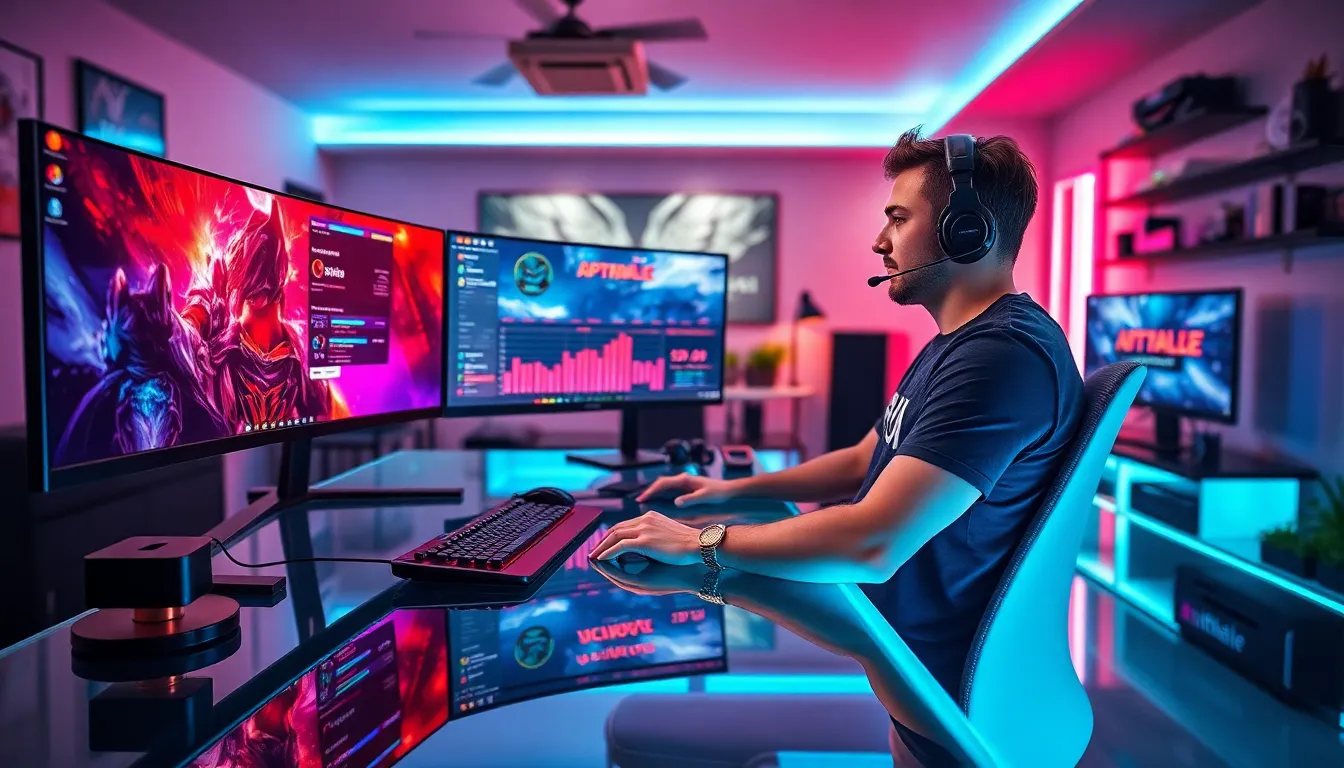 gamer at a high-tech gaming setup with performance monitoring.