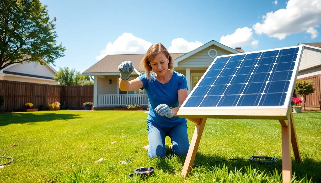 a woman installing solar panels in her backyard on a sunny day.