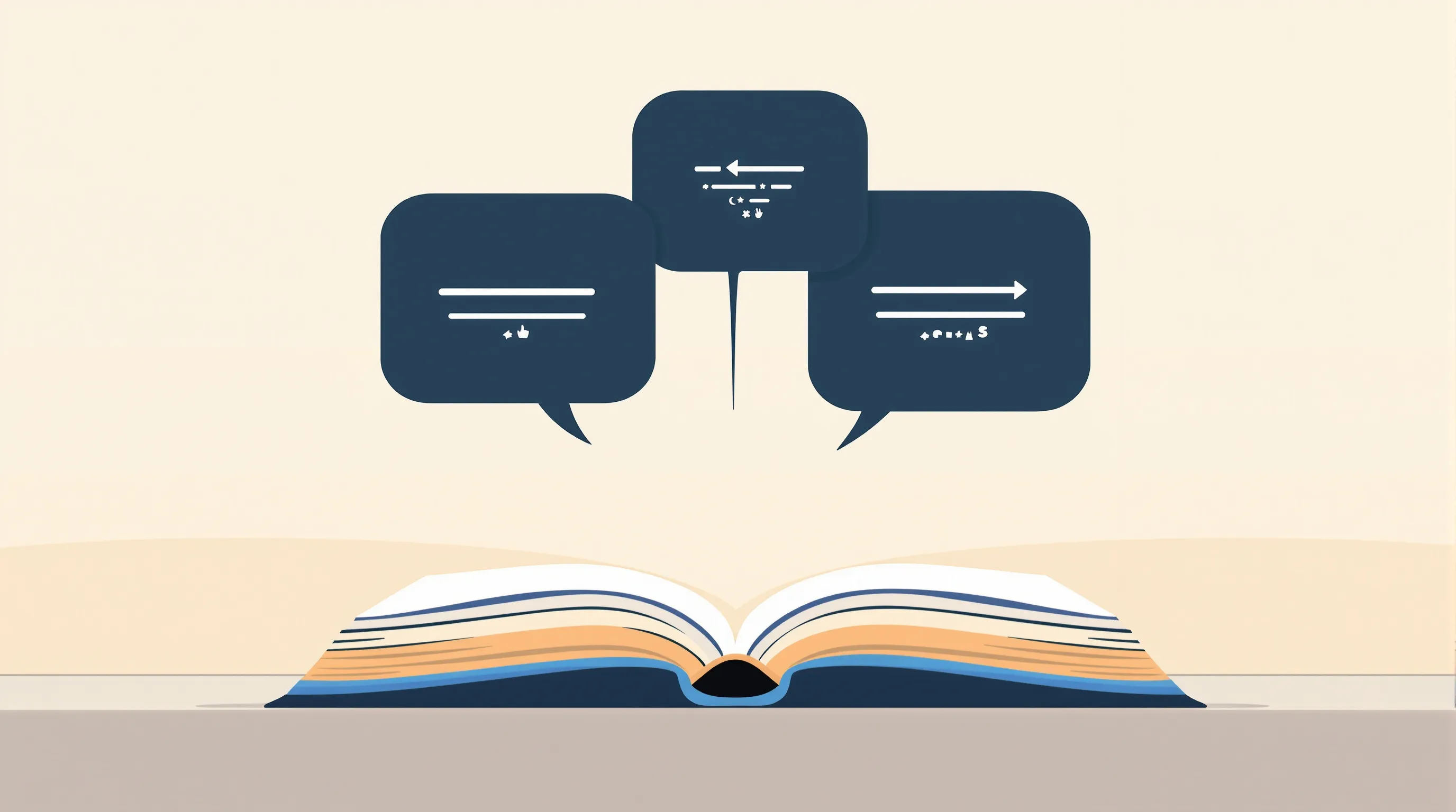 Open book with floating speech bubbles on a clean minimal background.