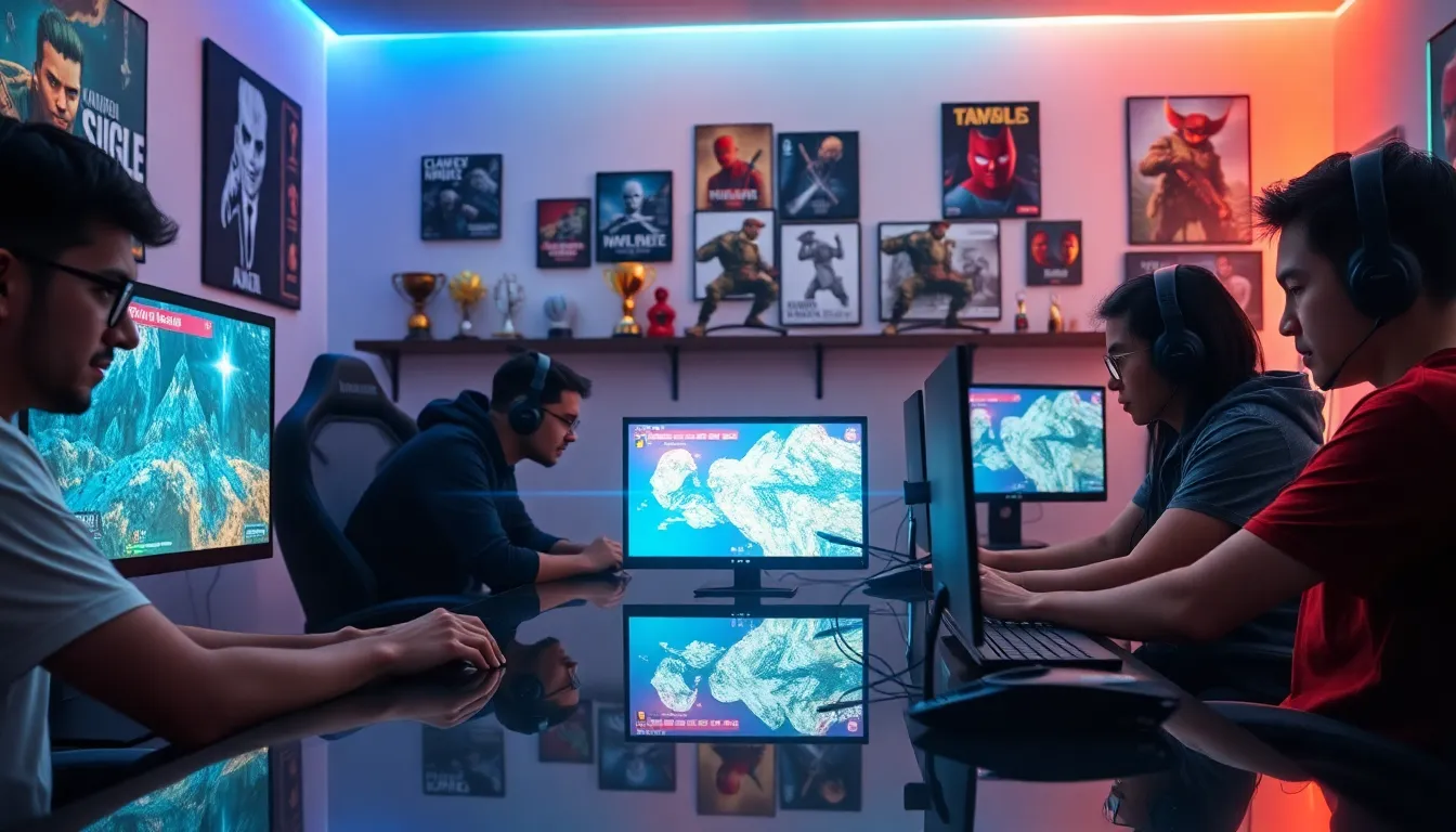 gamers focused on screens in a modern gaming room.
