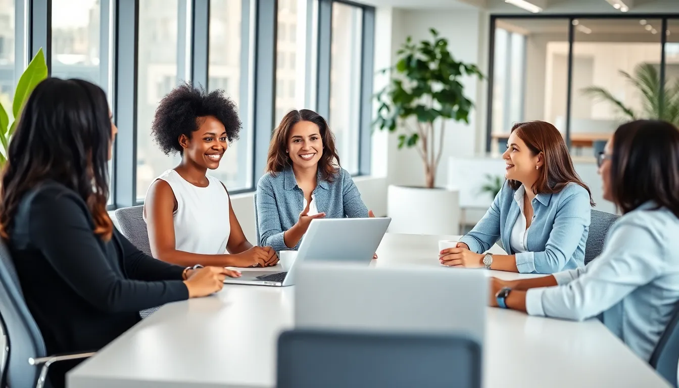 diverse professionals discussing work-life balance in a modern office
