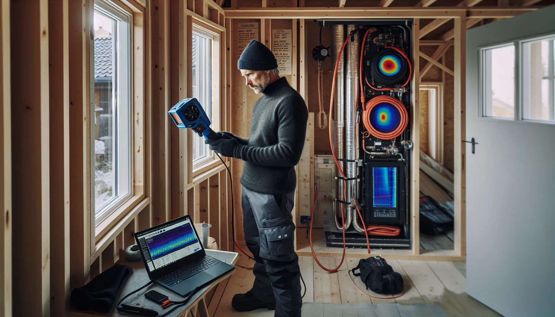 Consultant uses thermal camera during blower door test in snowy norwegian new build.