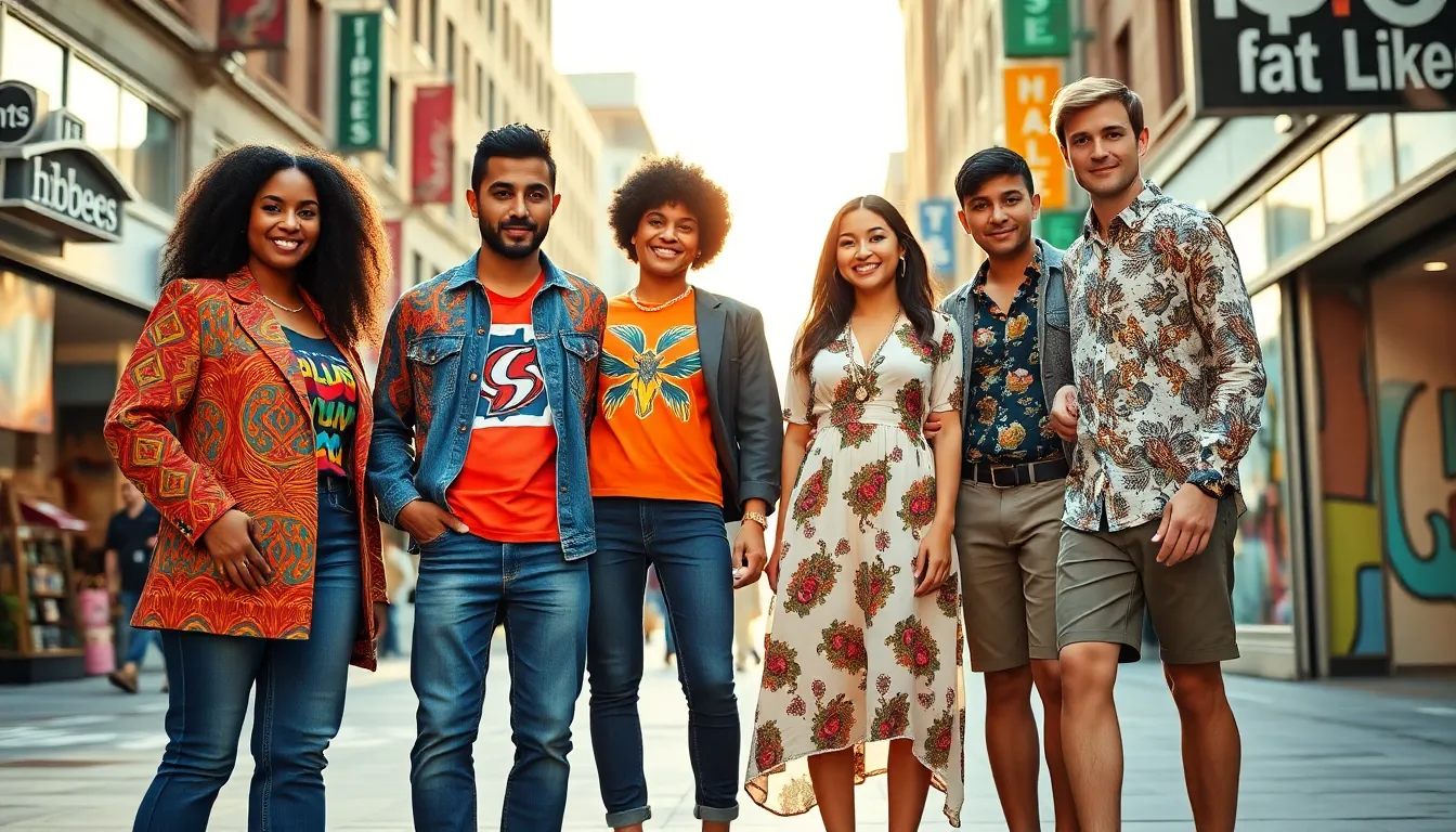 four diverse individuals showcasing unique Hibbegs-inspired fashion in an urban setting.