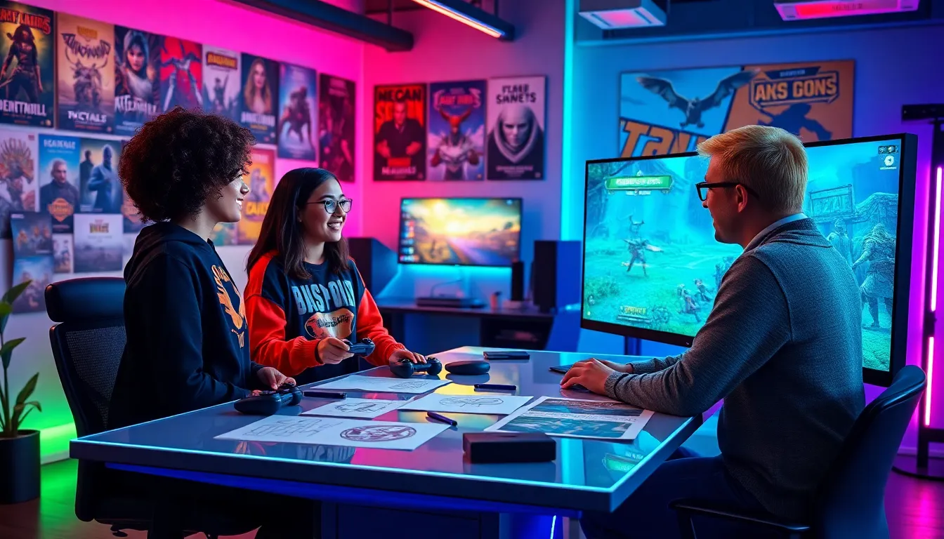 a collaborative gaming studio with young adults discussing game designs.
