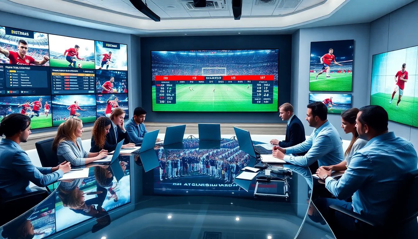 diverse journalists collaborating in a modern sports newsroom.