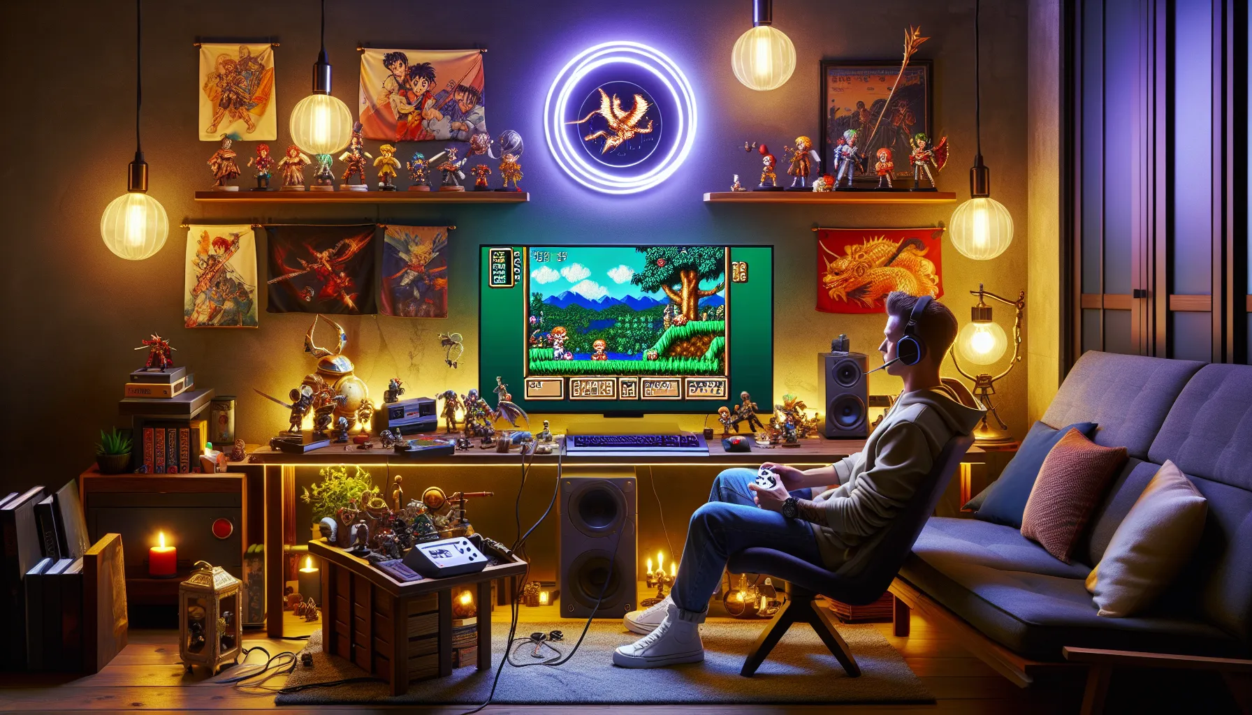gamer enjoying Chrono Trigger with enhanced graphics in a modern setup.