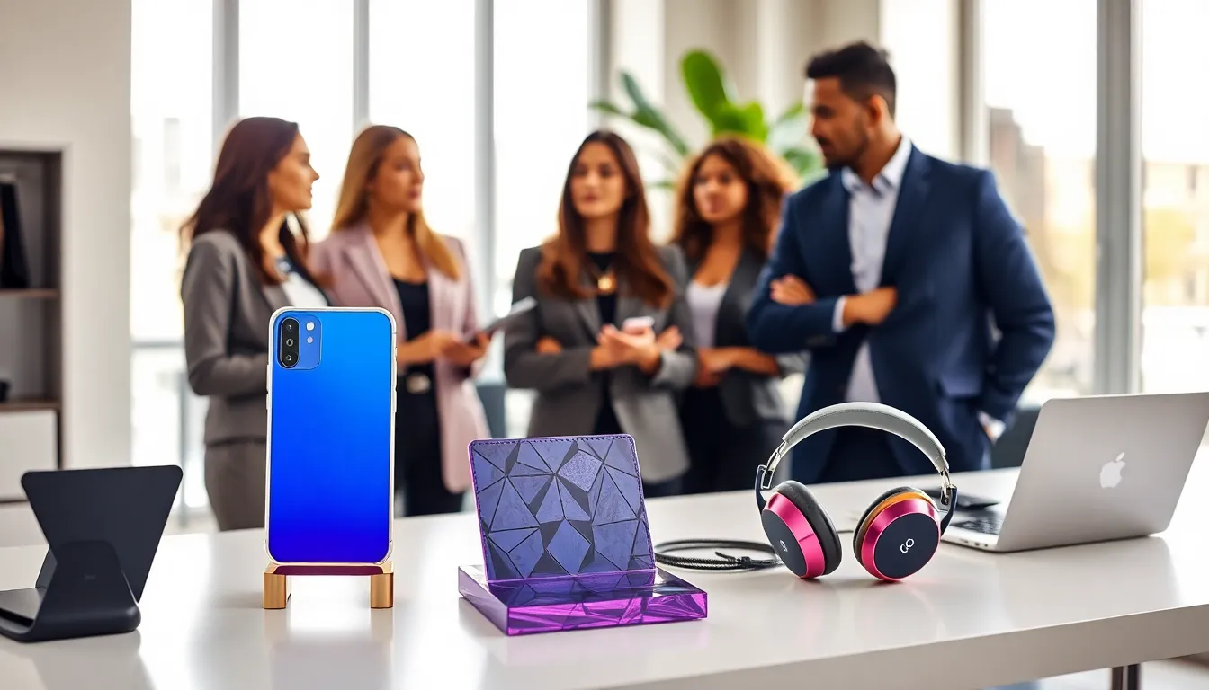 diverse professionals discussing designer tech accessories in a modern office.