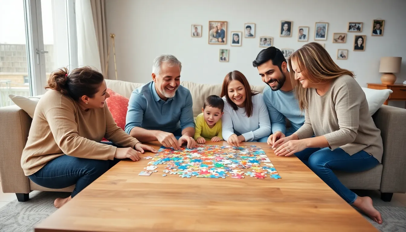 family enjoying a jigsaw puzzle together in a cozy living room.