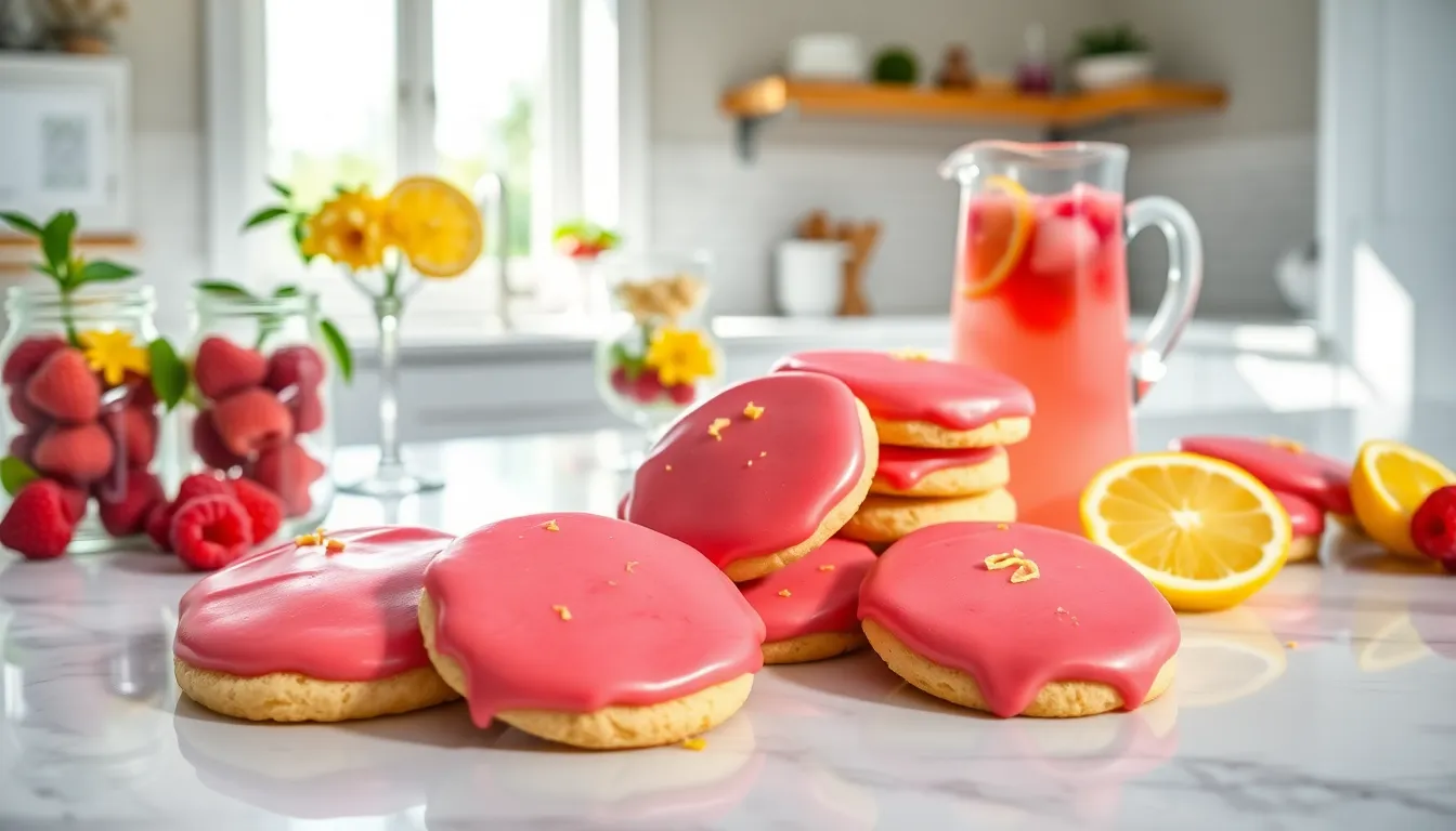 Display of raspberry lemonade cookies in a bright kitchen setting.