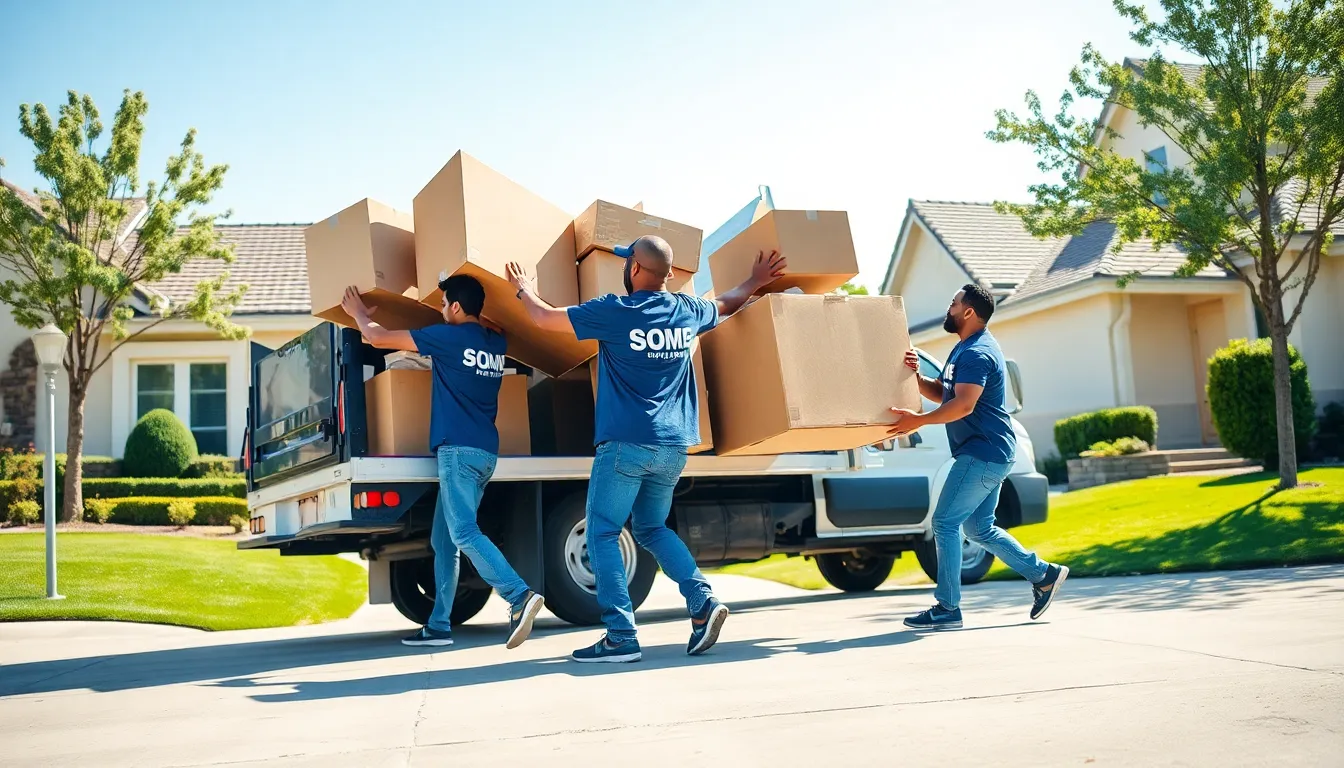 diverse junk hauling team working in a neat suburban neighborhood.