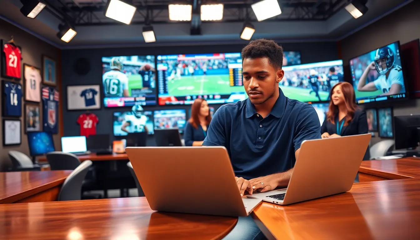 a reporter typing in a busy sports newsroom with monitors displaying live updates.