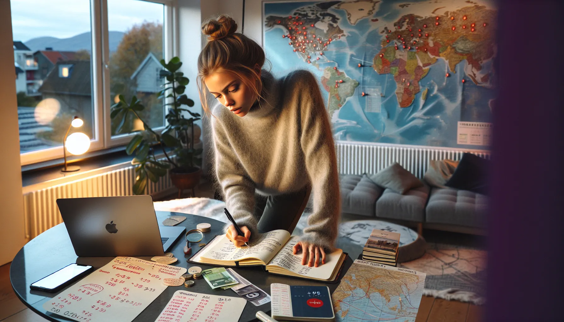 Norwegian woman carefully planning long-distance trip with map, laptop and budget notes.