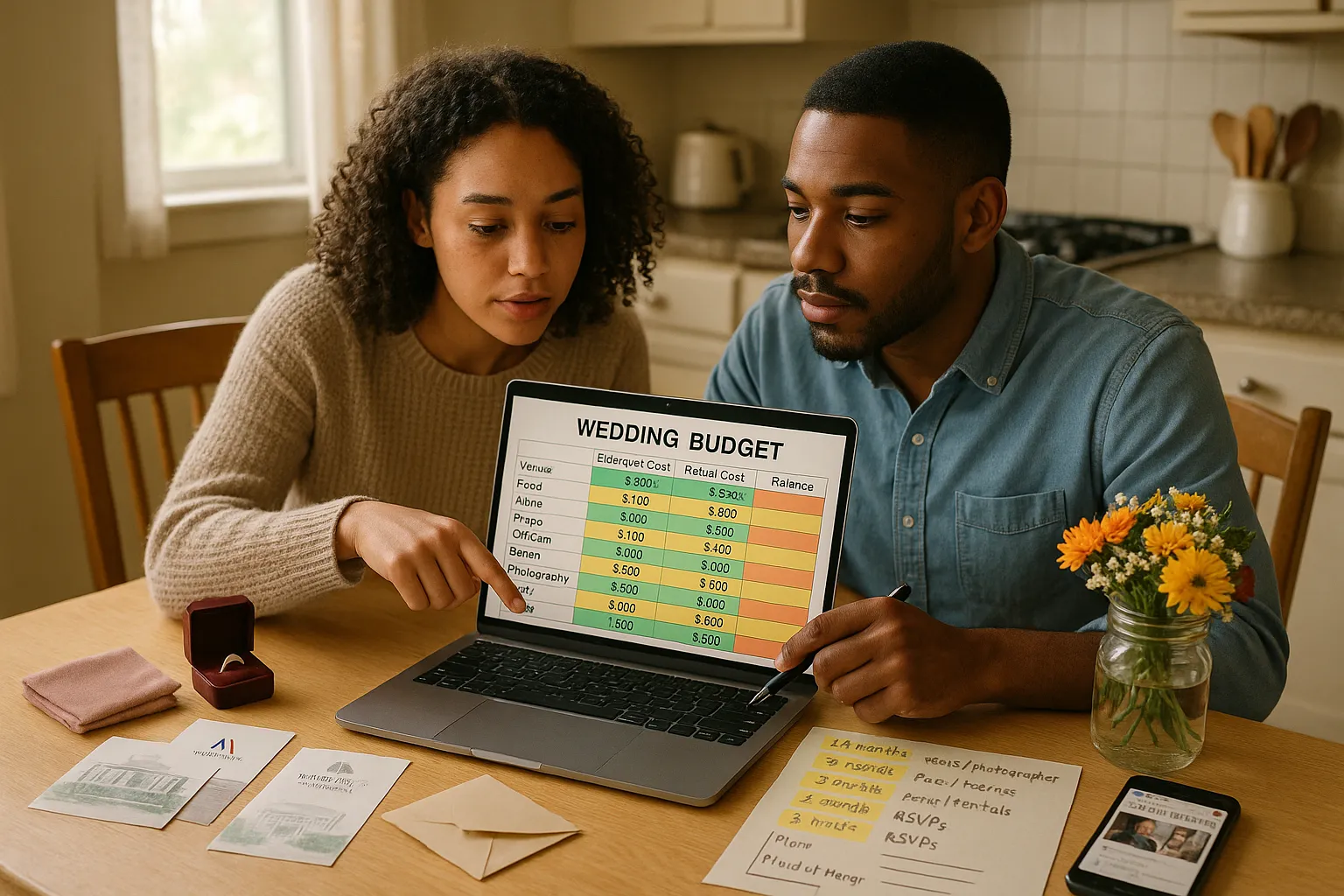 Couple working on a wedding budget spreadsheet at a sunlit kitchen table.