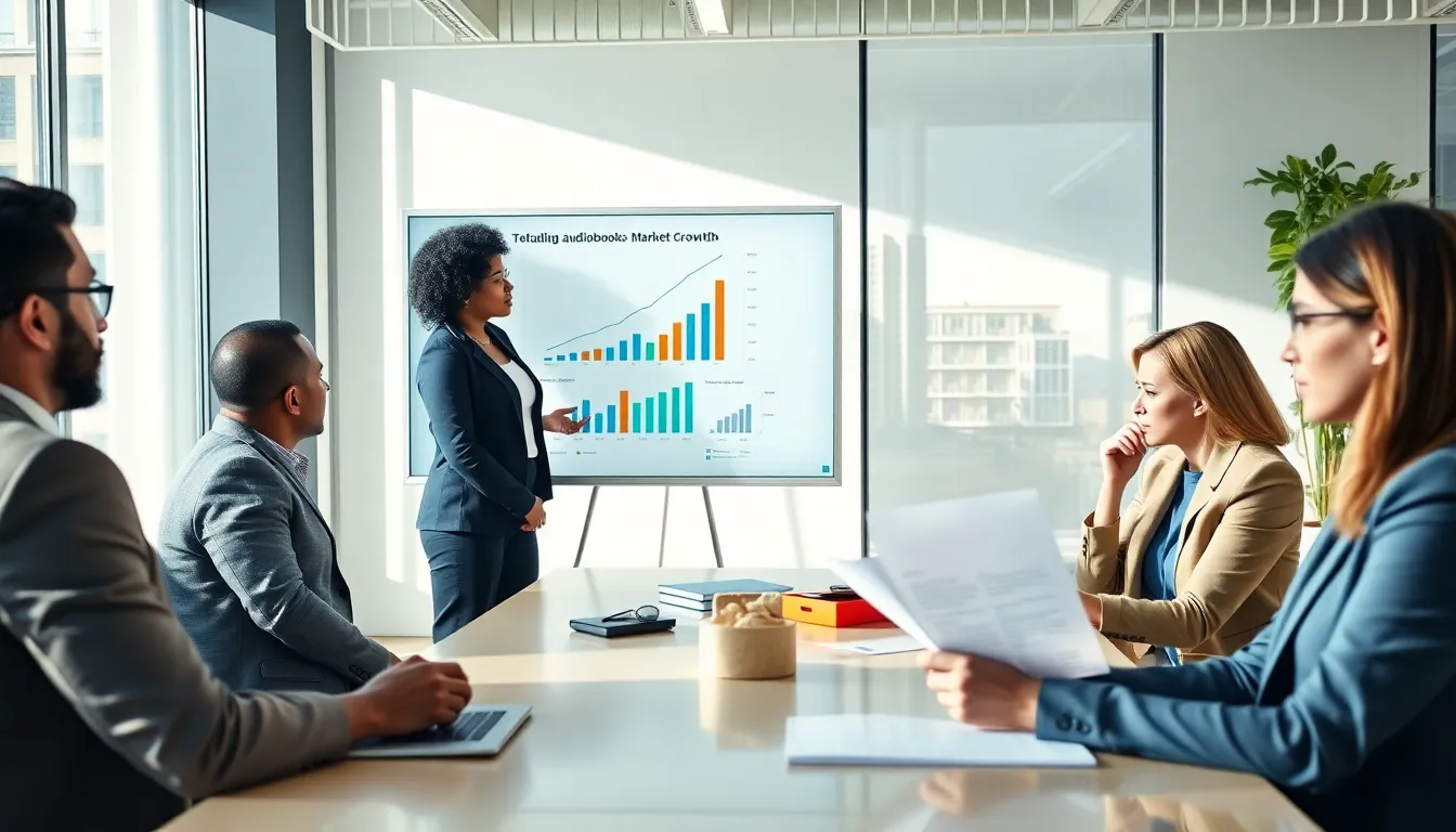 diverse team discussing opportunities with Audible in a modern office.