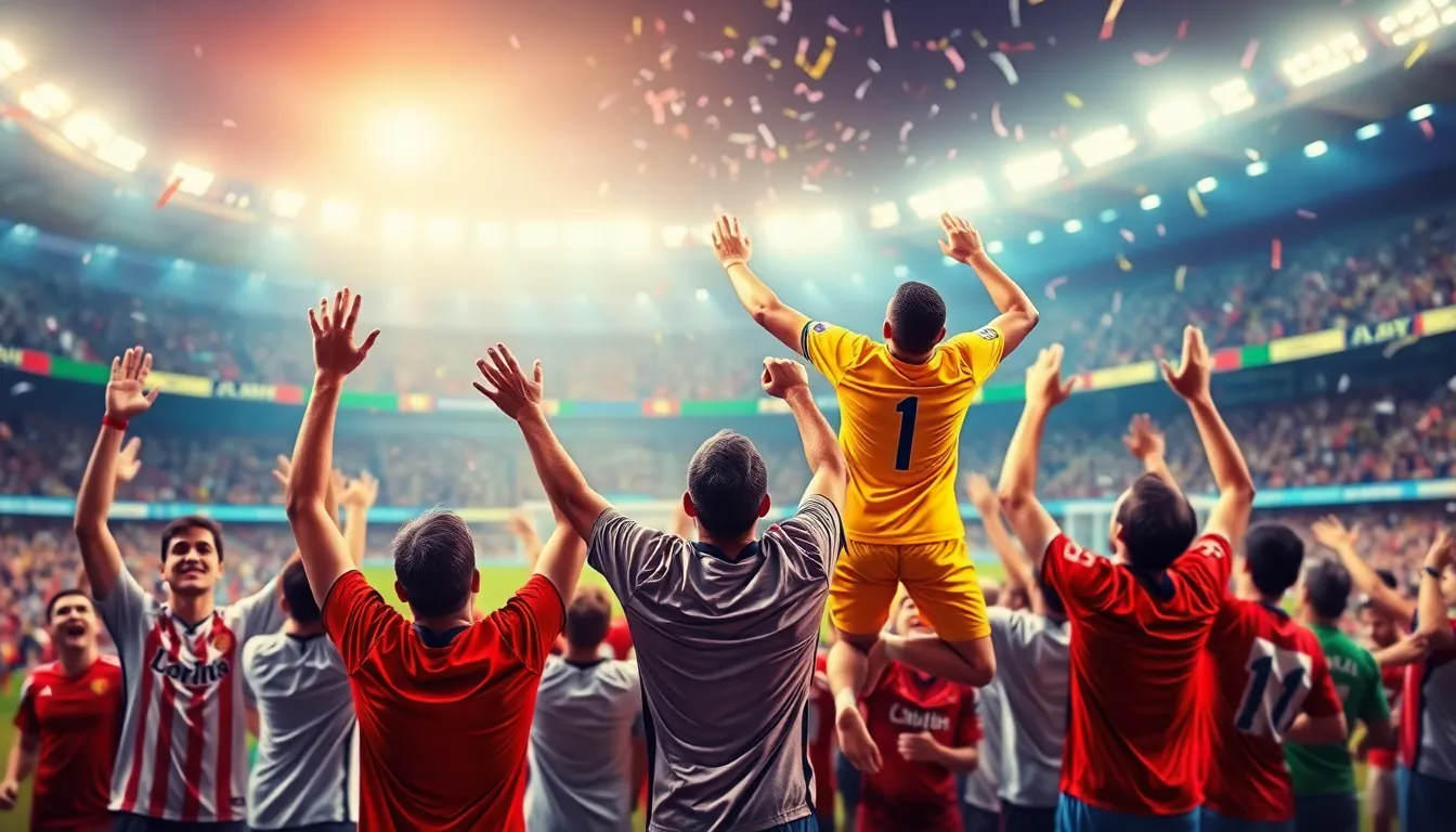 fans celebrating a thrilling football moment in a packed stadium.