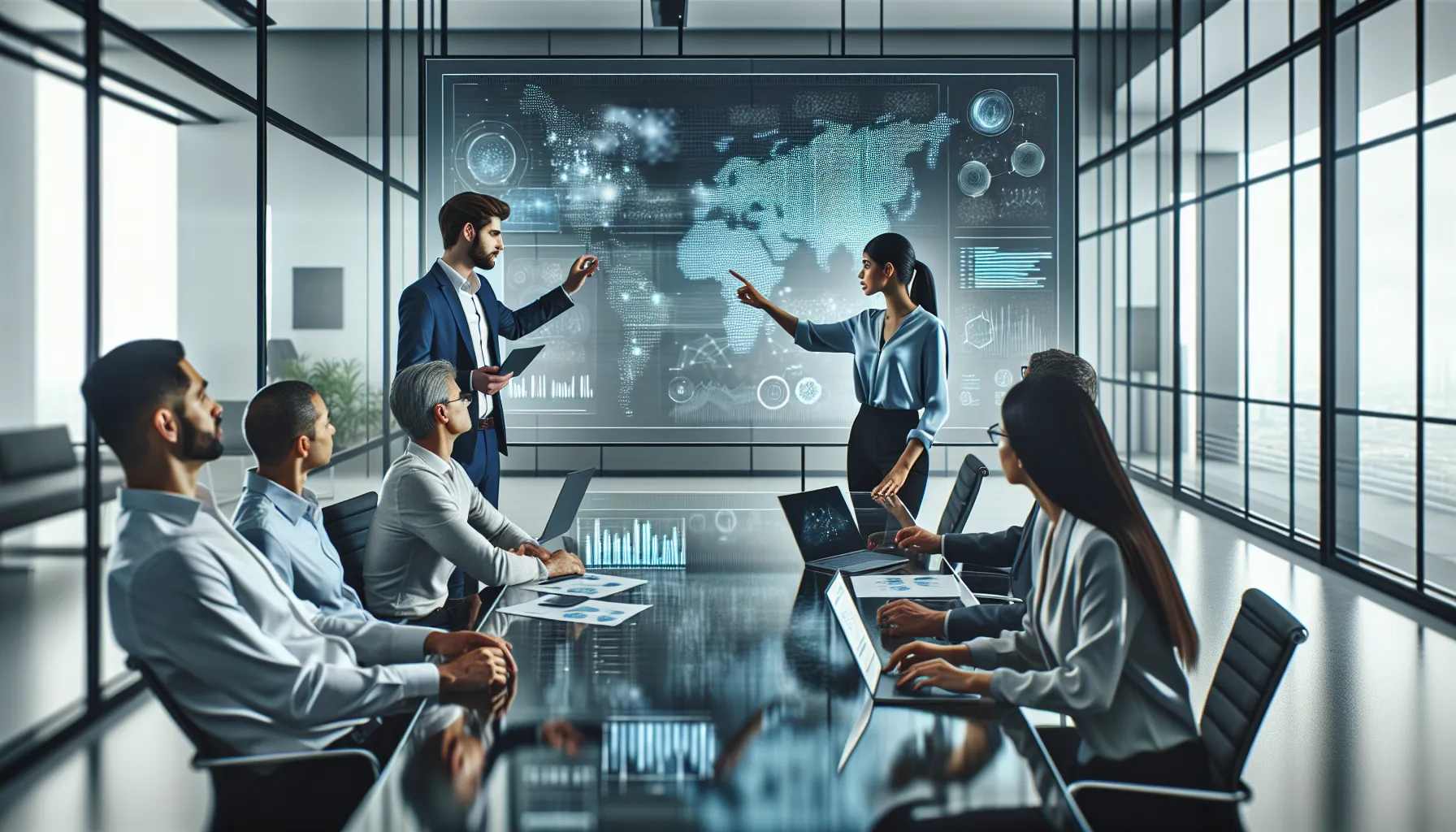 diverse team discussing data management in a modern office.