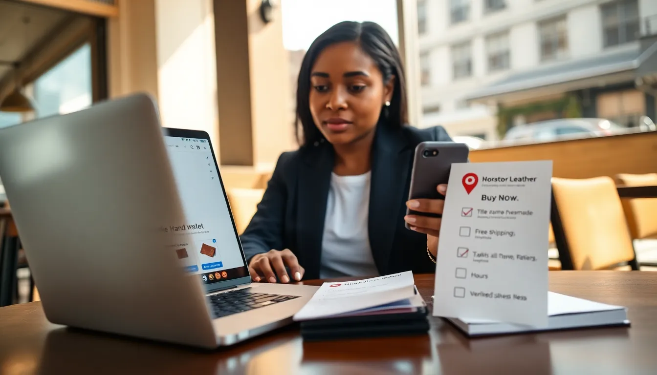 Small-business owner editing a product listing on a laptop in a sunlit caf&eacute;.