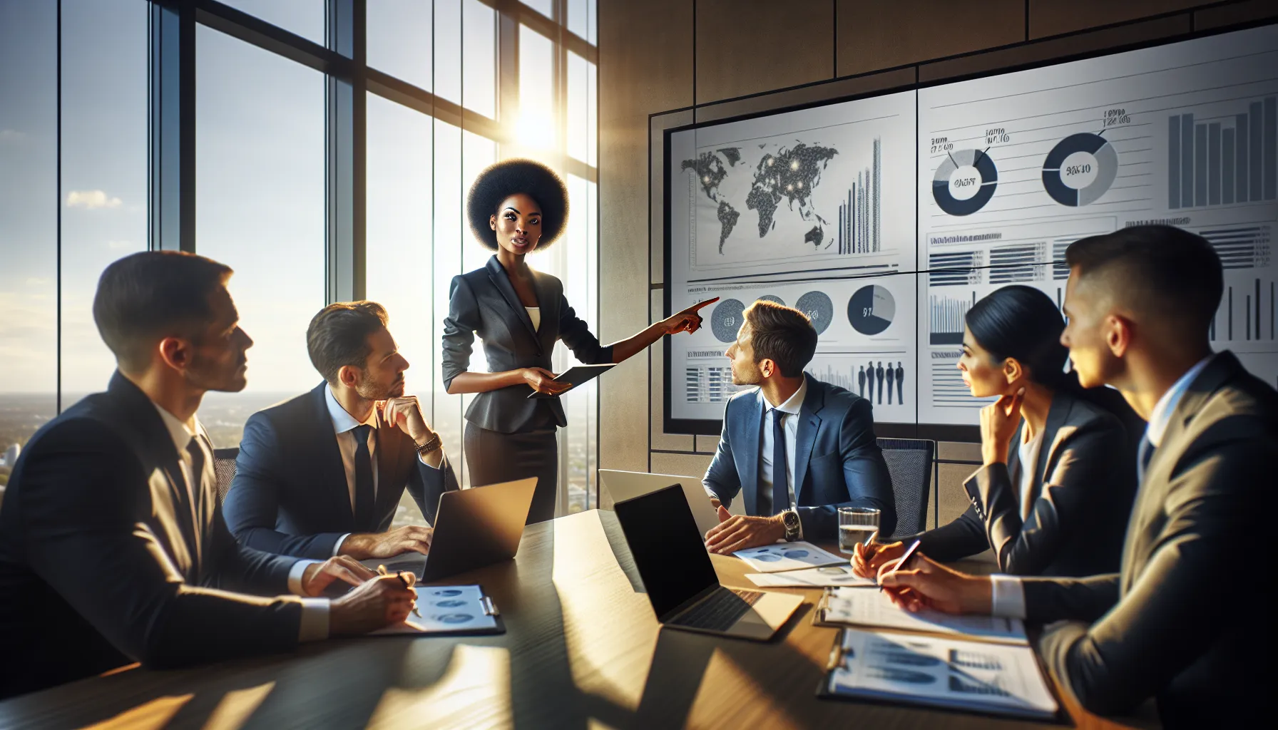 diverse professionals discussing telecommunications in a modern office.
