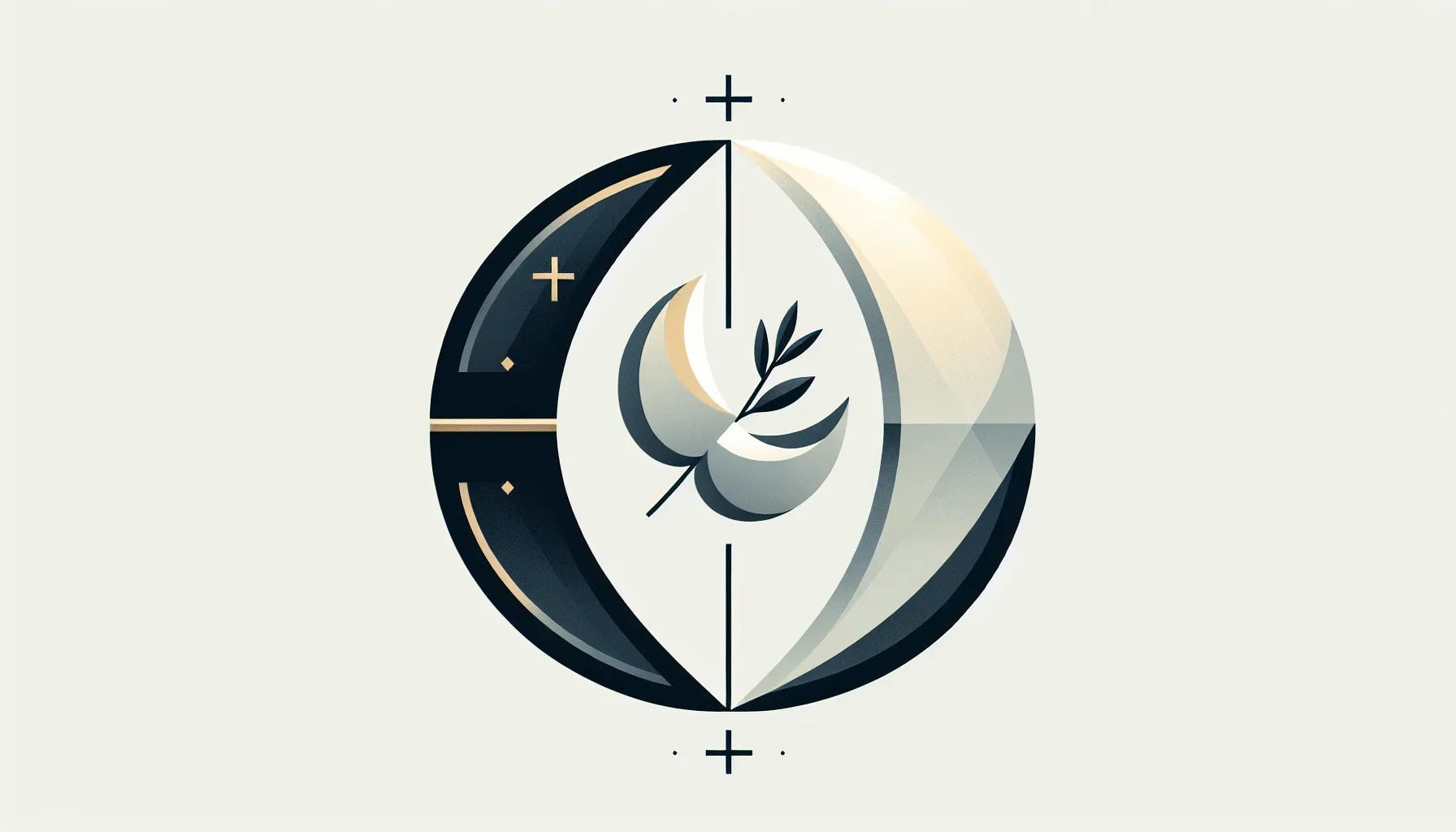 Two symbolic shields with cross and crescent symbols separated by a dove with olive branch.