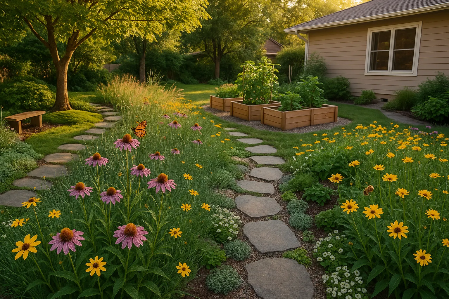A suburban yard transformed with a native meadow, clover path, raised beds, and pollinators.