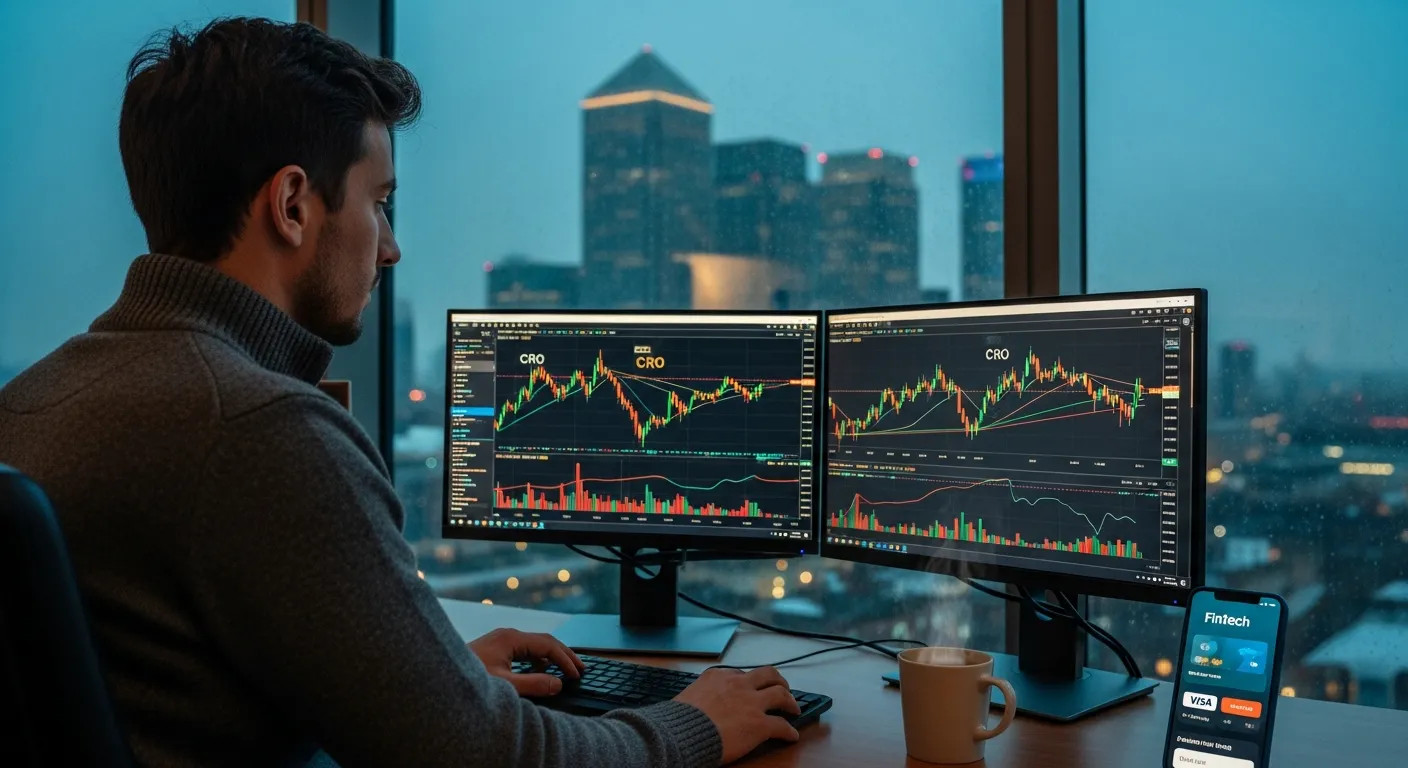 An analyst studying Cronos cryptocurrency consolidation charts in a London office at night.