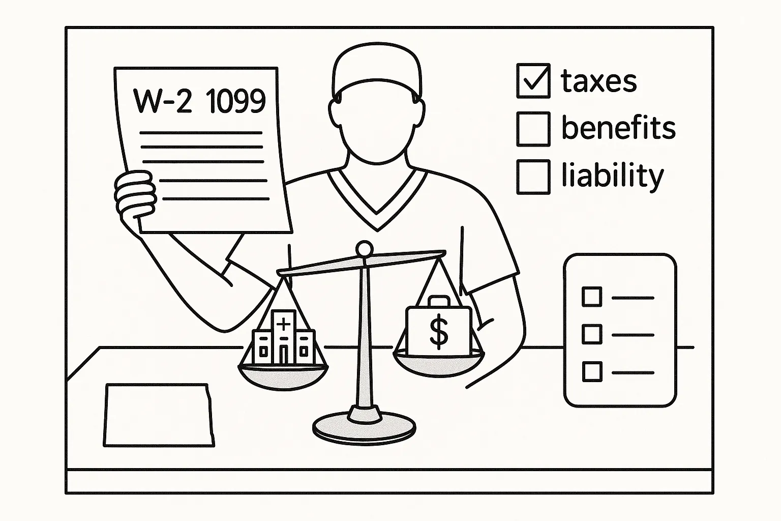Physician assistant at desk weighing W-2 versus 1099 on a scale of North Dakota Physician Assistant Contract Review.