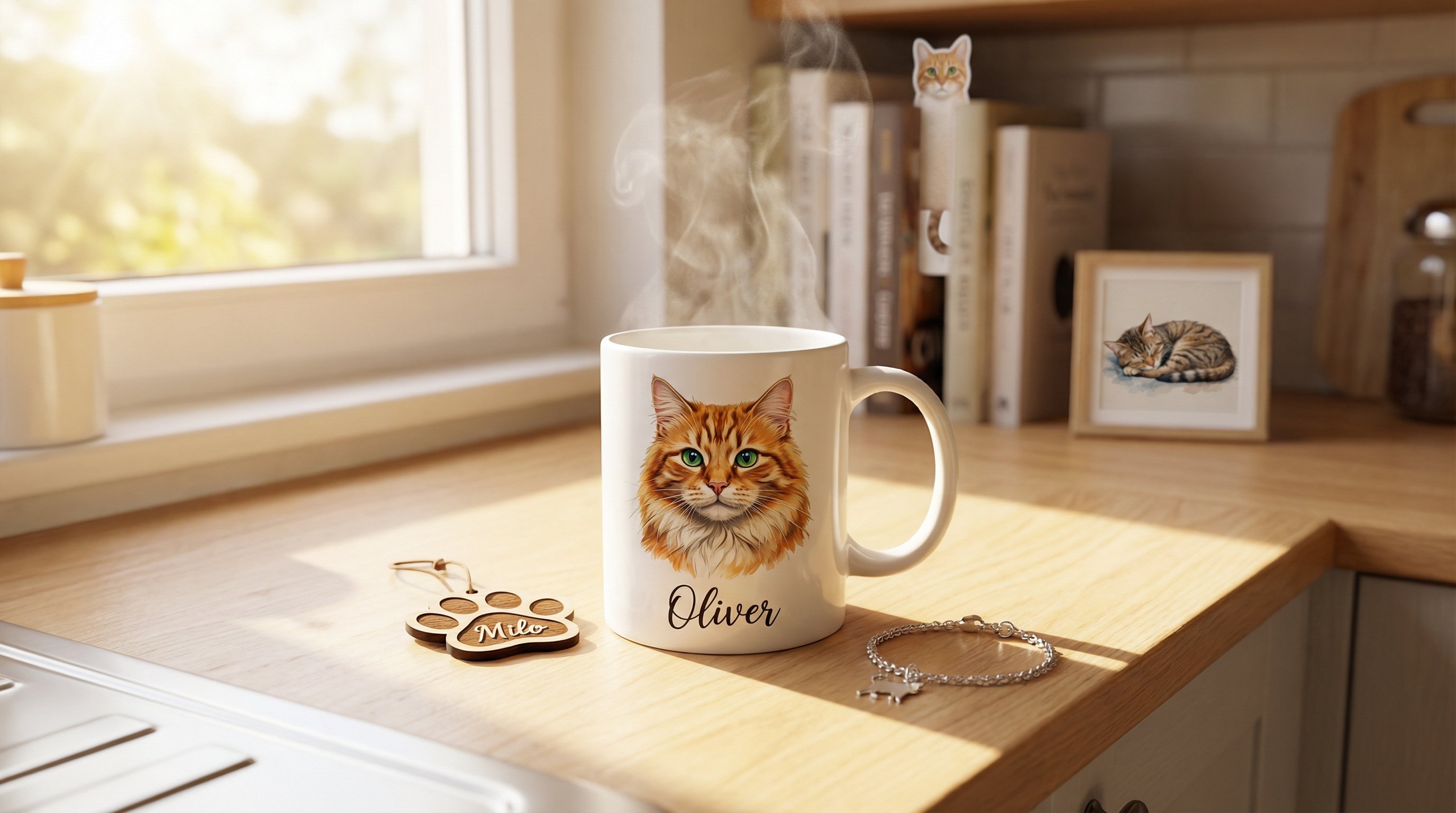 Personalized cat mug with a tabby portrait beside keepsake ornaments on a kitchen counter.