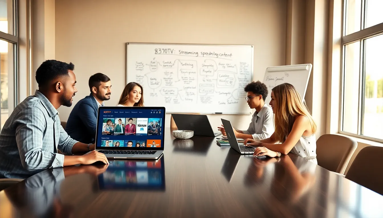 diverse professionals discussing streaming service features in a modern office.