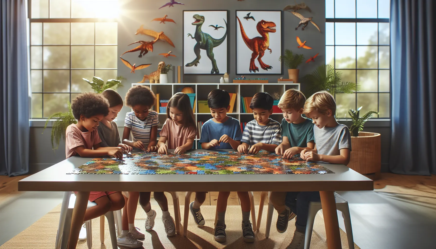 children assembling a dinosaur-themed puzzle in a bright playroom.