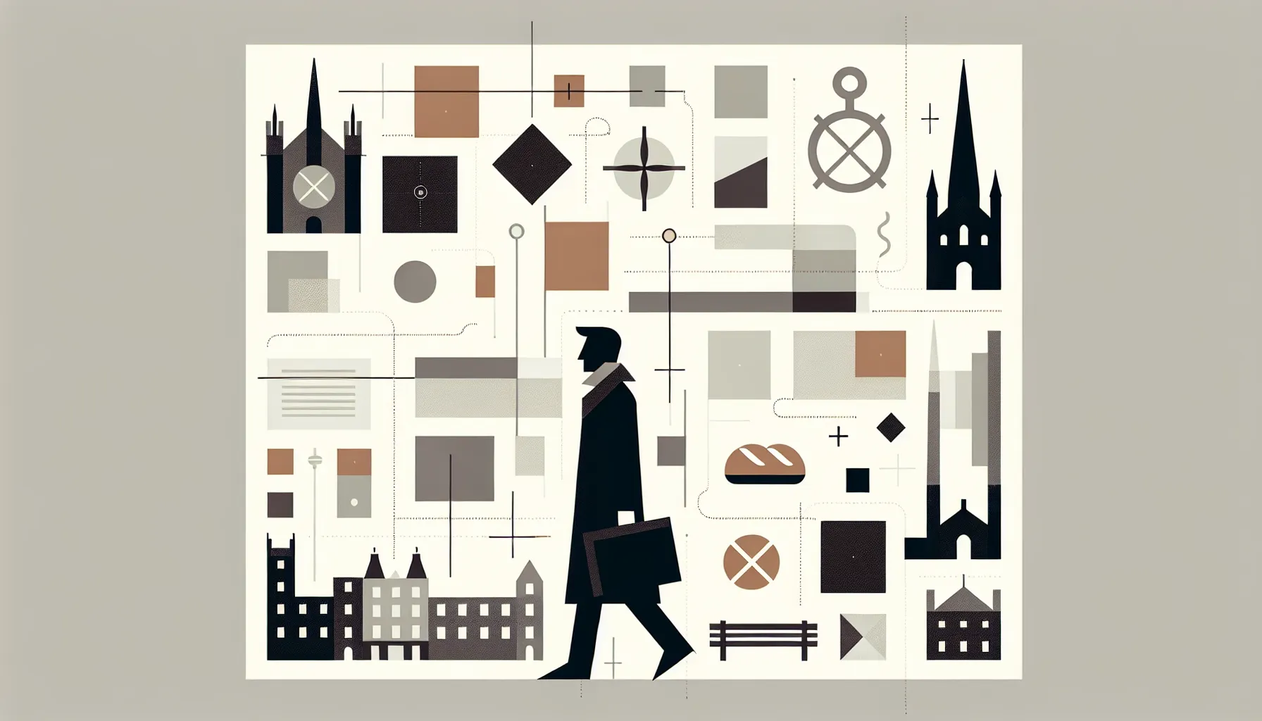 A contemplative man walking through simplified city shapes with symbolic elements