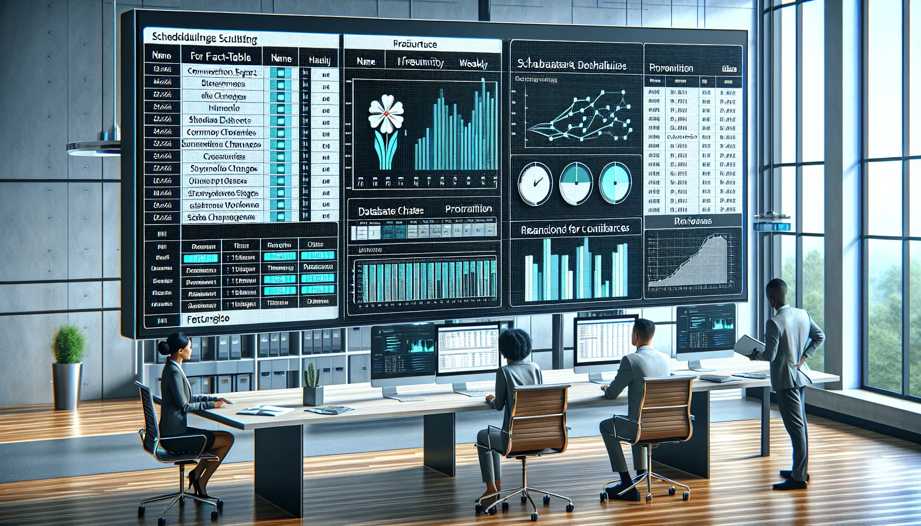 Data team configuring and monitoring Tableau Server extract refresh schedules in a modern office.