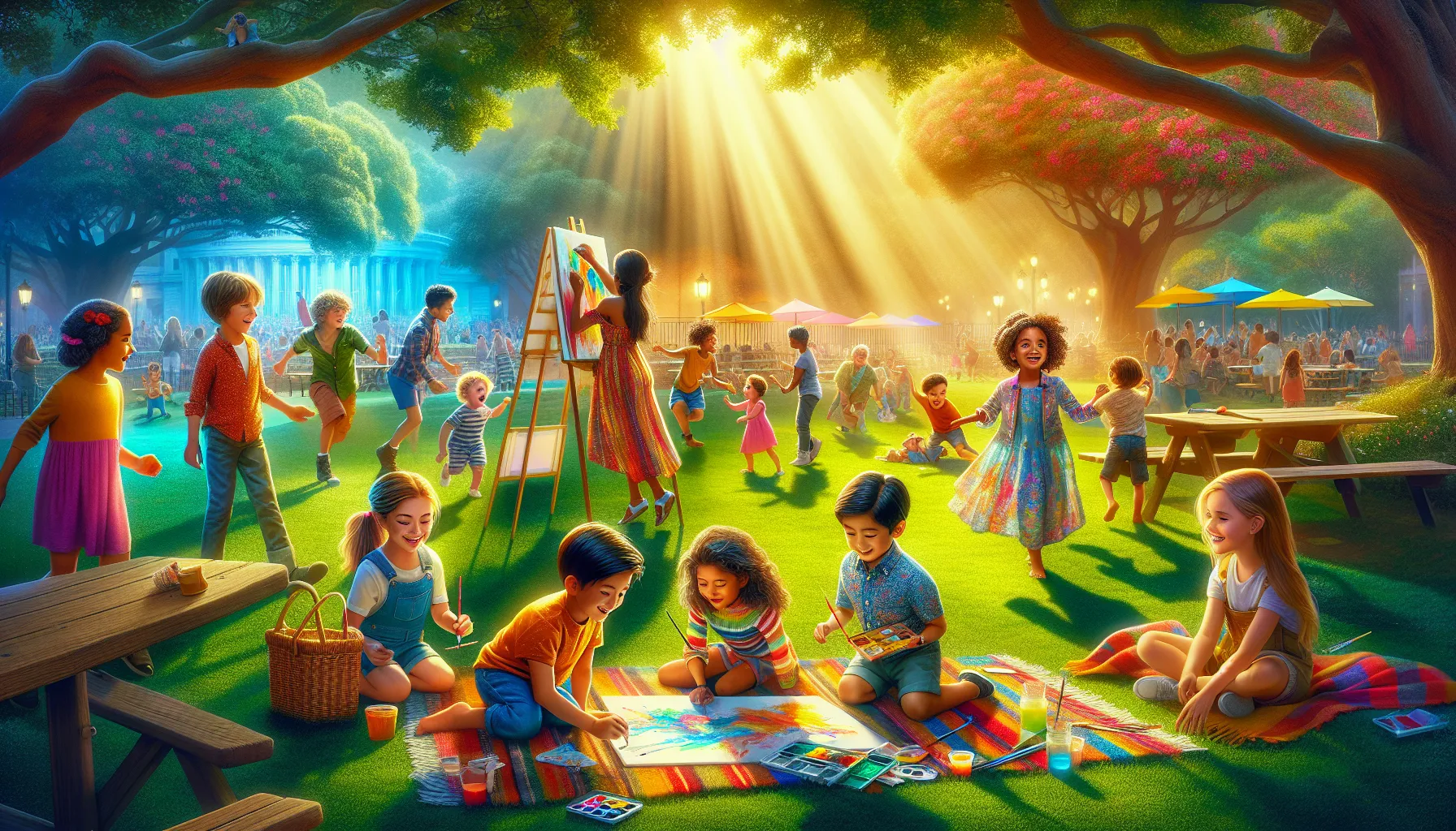 children playing creatively in a sunny park.